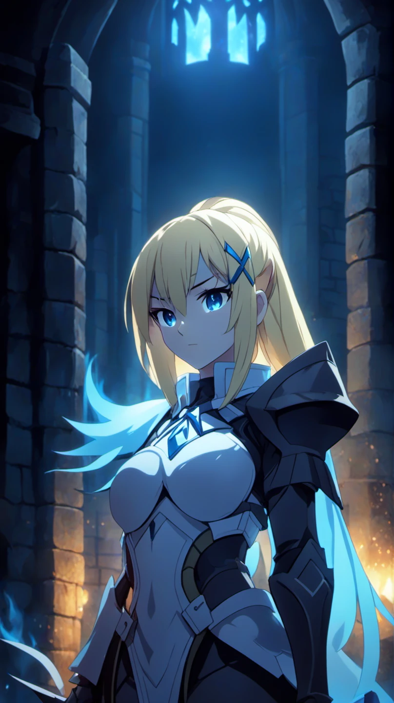 <lora:Darkness:1>
(DarknessKonosuba:1.9), DarknessKonosuba, 
DarknessKonosuba wearing Armor,, <lora:Dark Fantasy:1>Dark Fantasy - In an ancient temple at midnight, eerie blue flames illuminating ancient runes on stone walls, a sense of foreboding filling the air.