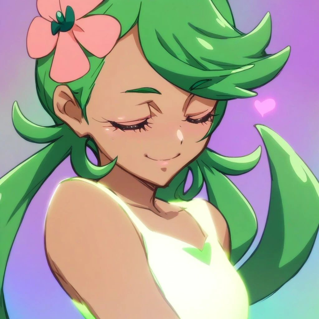 score_9,score_8_up,score_7_up,score_6_up,score_5_up,score_4_up, Dokidokiprecure, glowing body, smile, closed eyes, mallow, 1girl, solo, green hair, dark skin, twintails