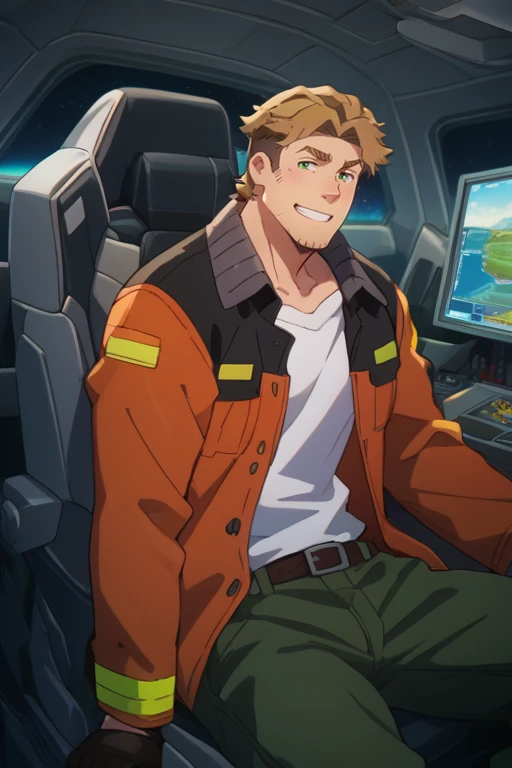 score_9, score_8_up, score_7_up, score_6_up, perfect anatomy, perfect proportions, best quality, masterpiece, high_resolution, high quality, solo male, Gagumber \(Sakugan\), brown hair, two-tone hair, sideburns, facial hair, stubble, green eyes, thick eyebrows, white tank top, orange high-visibility bomber jacket, open jacket, black gloves, green work pants, black boots, sitting, mecha cockpit, operator's seat, mecha joystick, multiple monitor screen, science fiction, adult, mature, masculine, manly, handsome, charming, alluring, grin, upper body, dutch angle, cowboy shot<lora:EMS-408344-EMS:0.800000>