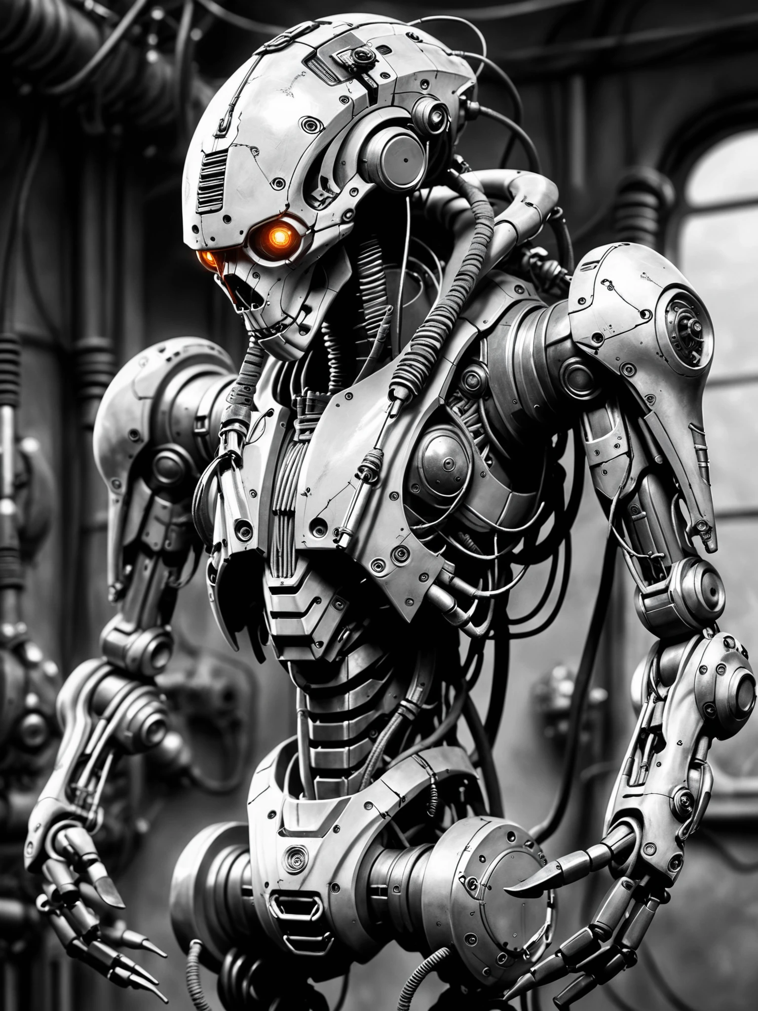 The fusion of advanced technology and organics in Frésid Yasdakropold-Schulsteyr. Multiple arms some with surgical instruments some with joint appendages. ... FRESHIDEAS Dark RPG old-school style 1other armor broken cable cyberpunk cyborg glowing greyscale helmet joints machinery monochrome realistic robot joints science fiction solo space craft steampunk vehicle focus,