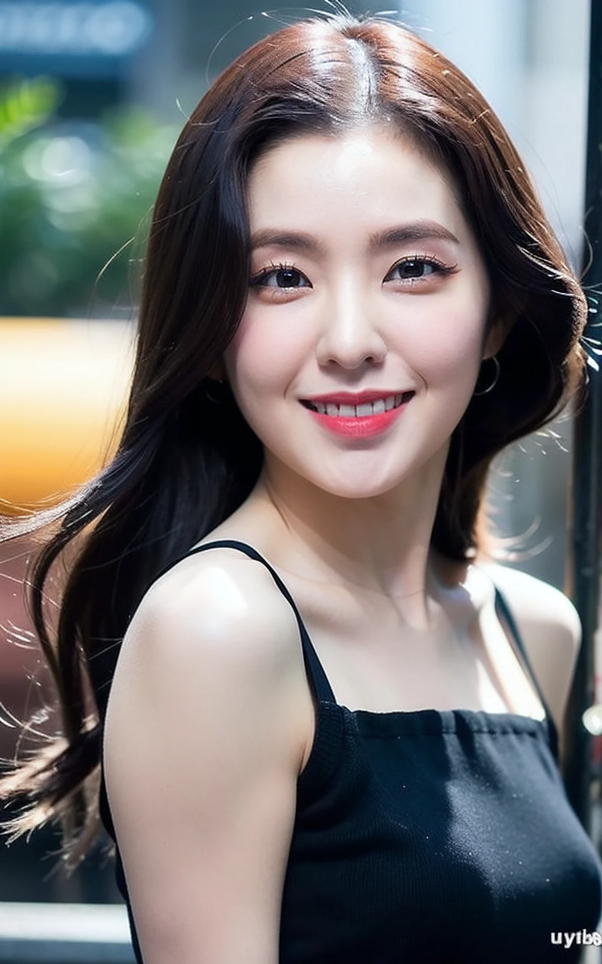 ,(Smile:1.3),<lora:Irene_V1:1> Irene_V1 ,, (realistic), (hyperrealism), (photorealistic:1.4), 1girl, looking at the viewer, eye makeup, detailed eyes, detailed face, (upper body:1.2), detailed background, black dress, walking at the streets, sunset, (windy:1.2)