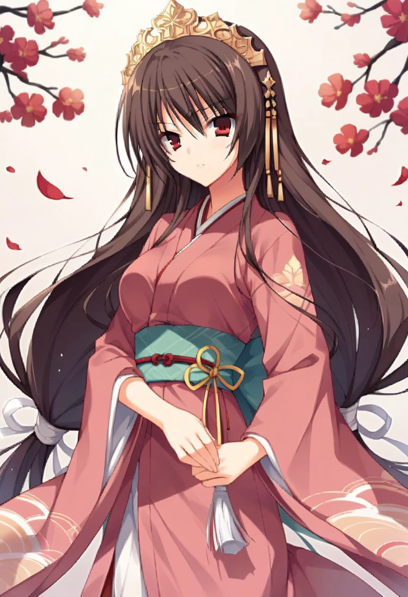 score_9, score_8_up, score_7_up, source_anime,unohana no sakuya hime, long hair, brown hair, red eyes, 1girl, solo, japanese clothes, crown, ribbon-trimmed sleeves, kimono, ribbon trim