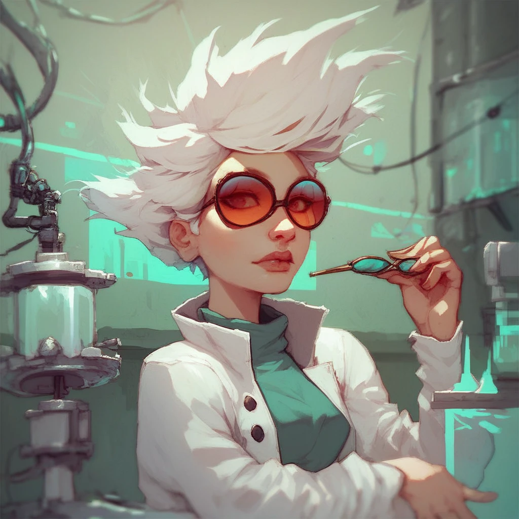 score_8, score_9, solo, 1girl, nora, white hair, sunglasses, laboratory