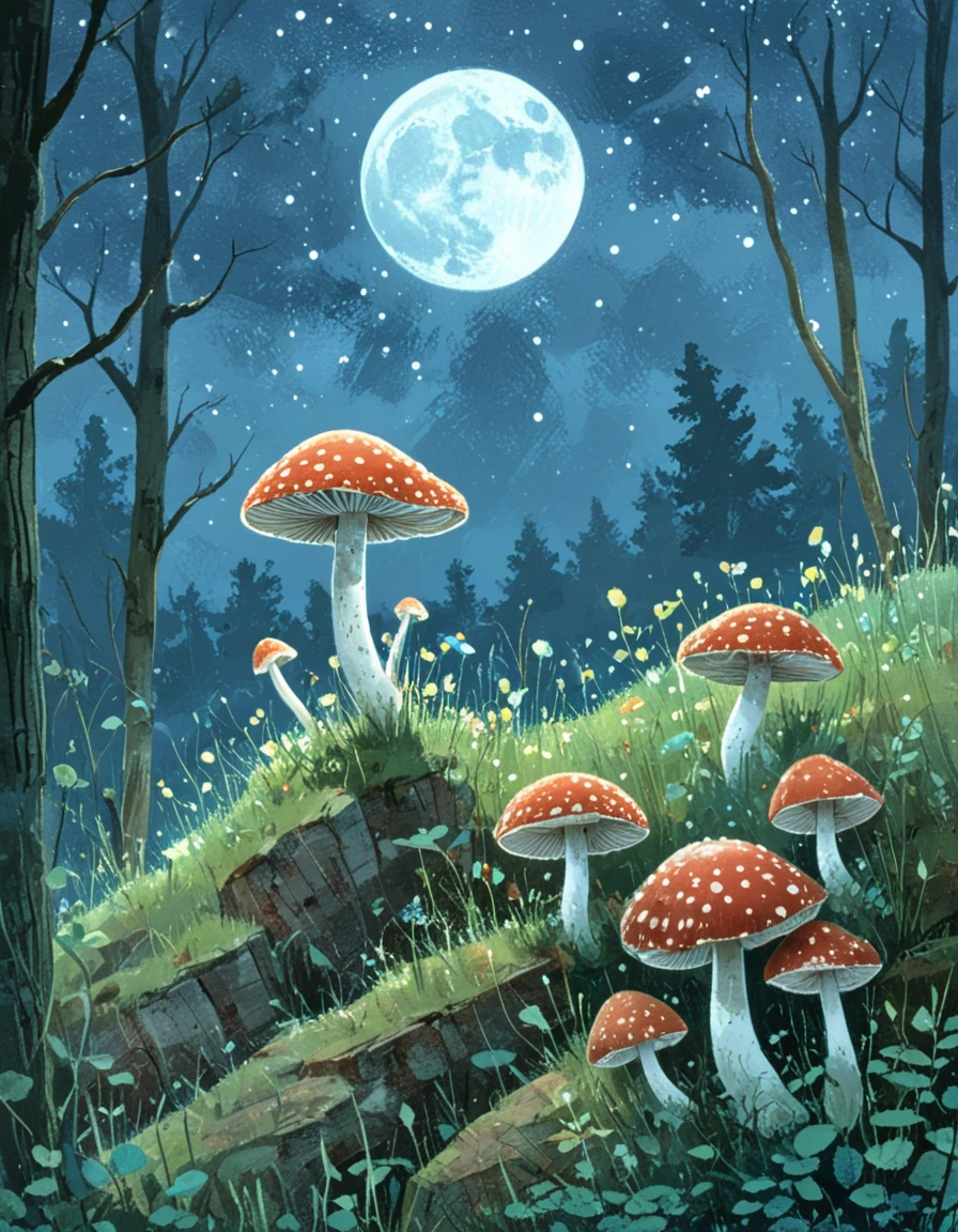 <lora:CBS_novuschroma23 style:1.5> novuschroma23 magic mushrooms in the moonlight