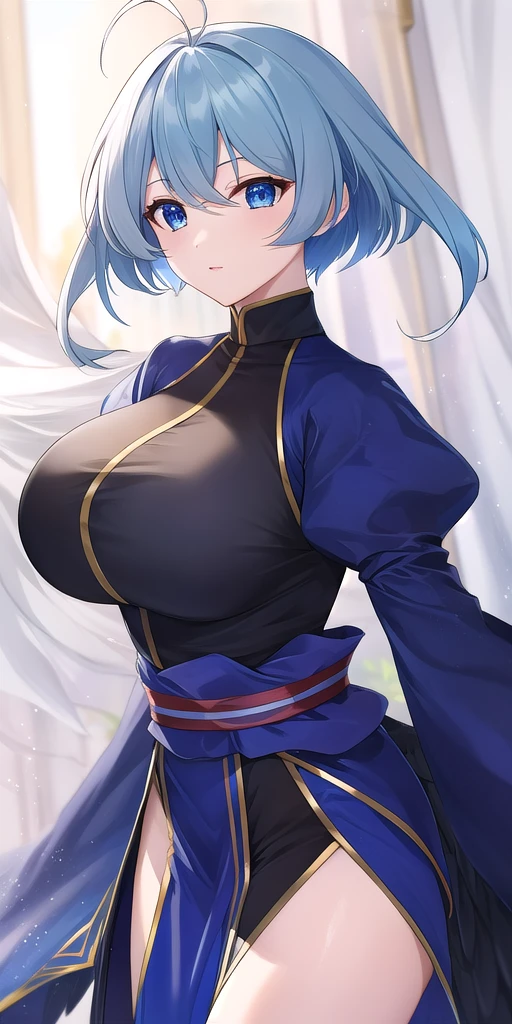 <lora:KamyuV5:.8> Kamyu_short_hair, huge_breasts, standing, solo, Black_china_dress_black_pelvic_curtain_white_overskirt_blue_detached_sleeves_puffy_long_sleeves_blue_sash_thighs, black_angel_wings, masterpiece, best_quality, detailed_face, detailed_eyes, highres, beautiful, detailed, absurdres,