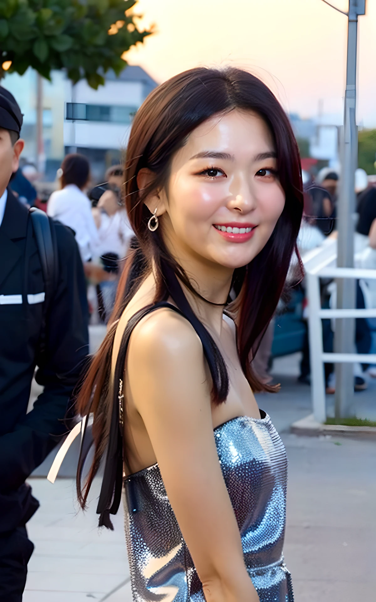 , (smiling:1.2),  <lora:Seulgi_V1:1> Seulgi_V1,, (realistic), (hyperrealism), (photorealistic:1.4), 1girl, looking at the viewer, eye makeup, detailed eyes, detailed face, (upper body:1.2), detailed background, black dress, walking at the streets, sunset, (windy:1.2)