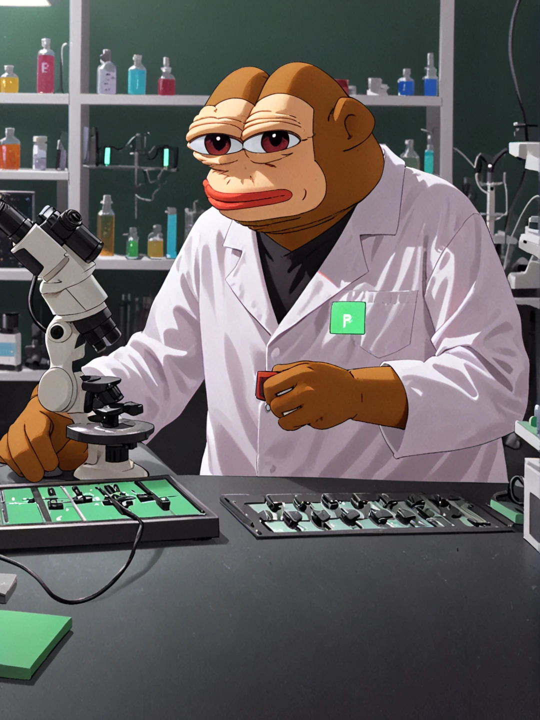 ponke transformin a red rectangular glowing block to the green blocks under the microscope  in a lab, brown skin, realistic, upper body shot, white lab clothes, on a lab desk, beher glasses and lab gadgets on a lab desk