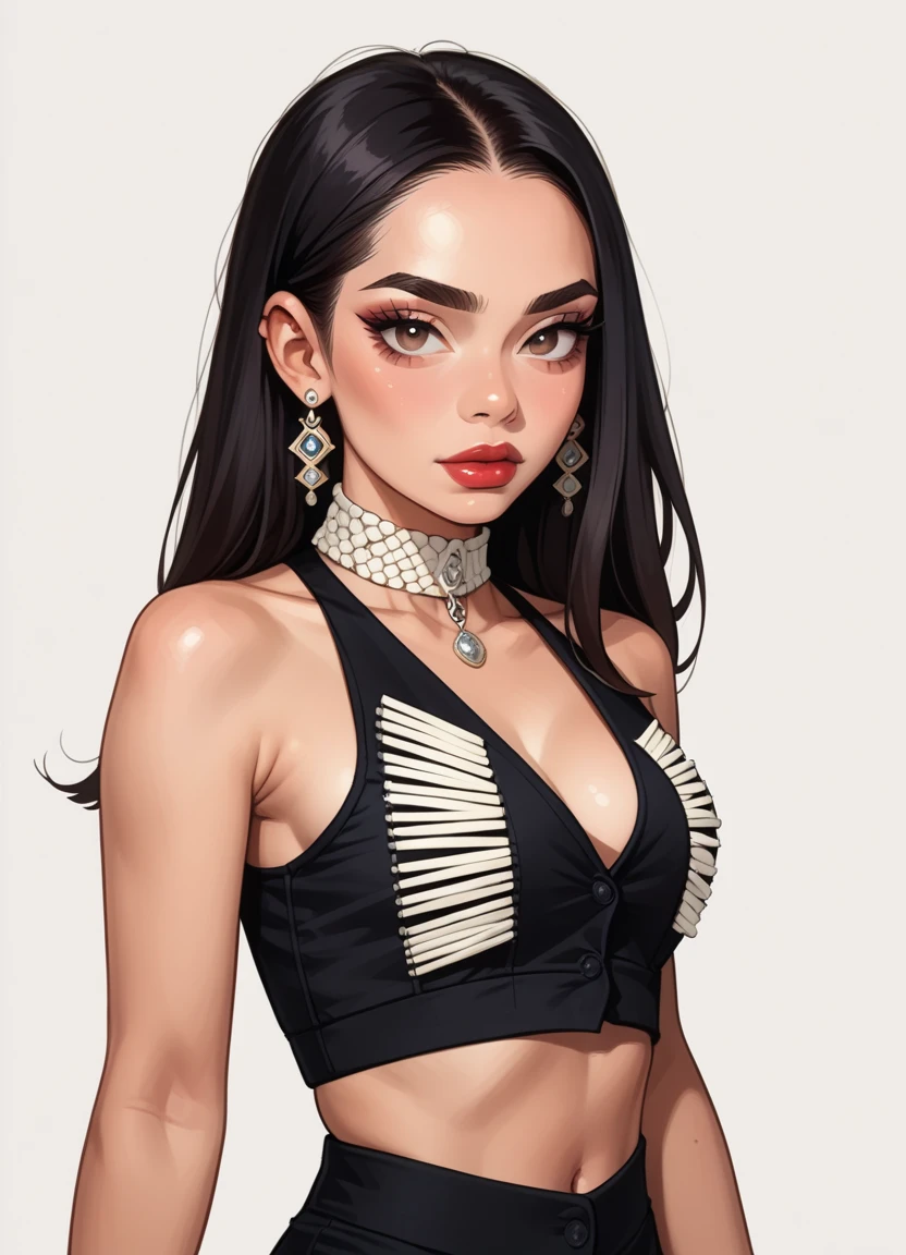 score_9, score_8_up, score_7_up, score_6_up, score_5_up, score_4_up, 1girl, solo, Textured Lob with Wispy Bangs hair, makeup, lipstick, hud_jj_1f, crop top, buttons, beads, midriff, navel, white choker, black pants, fringe trim, <lora:if:0.8>,