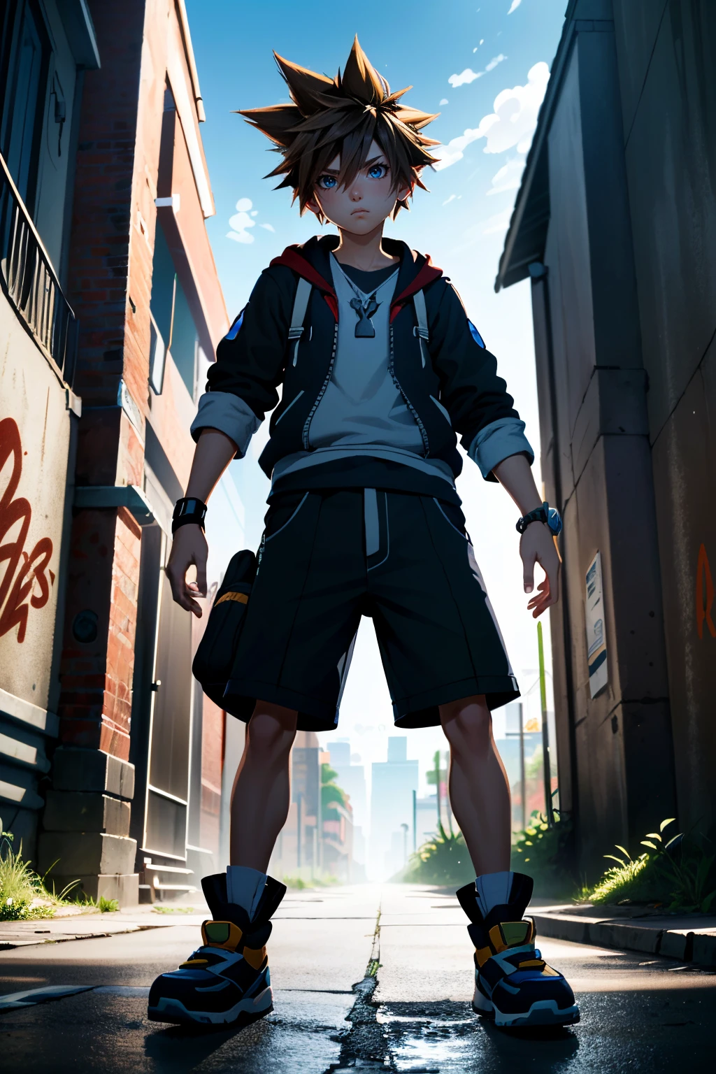 ((ultra detailed, masterpiece, absurdres))
 <lora:KH3Sora:0.8>
KH3Sora, 1boy, brown hair, spiked hair, in a gritty urban alleyway, graffiti-covered walls, edgy lighting