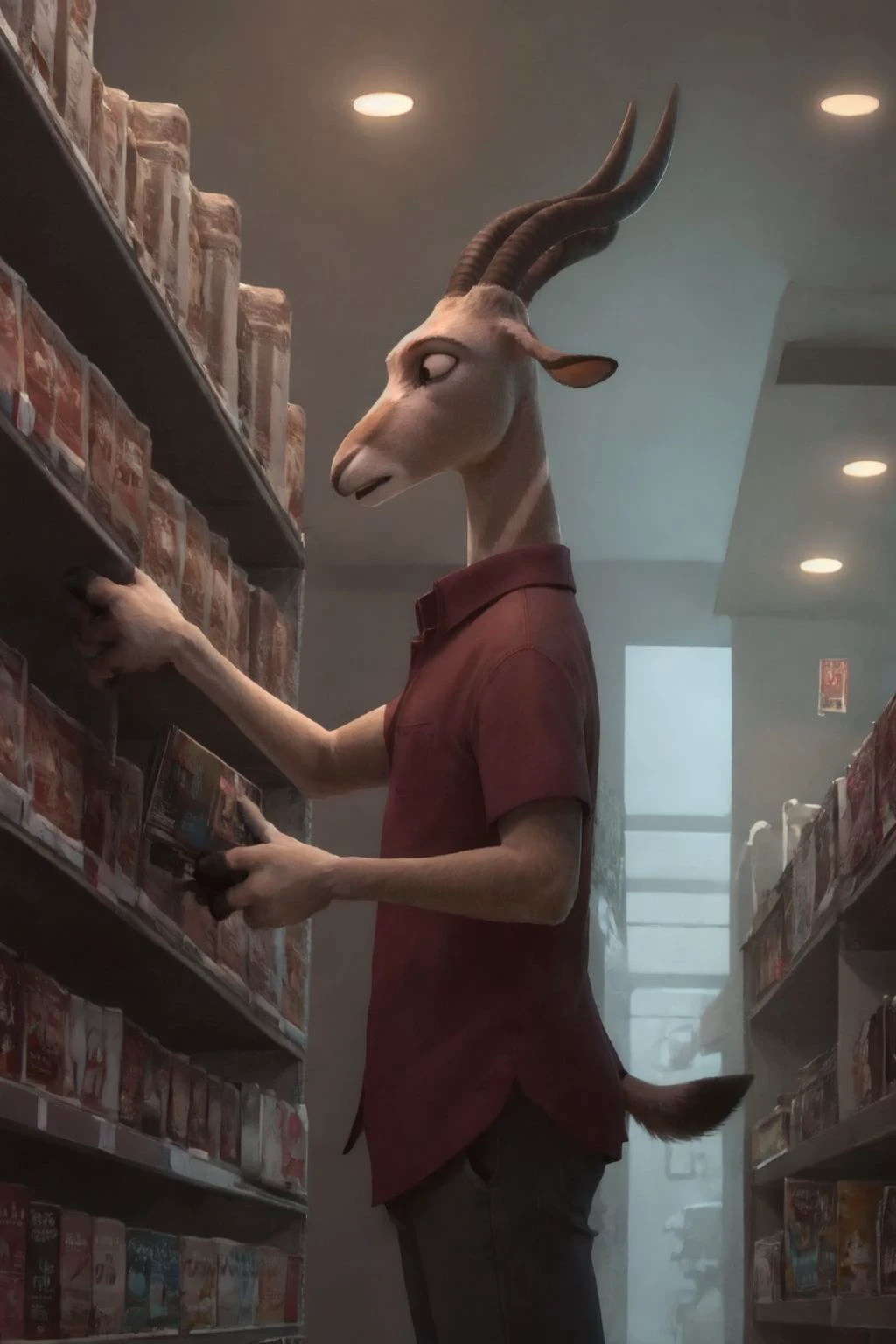 <lora:Antlerson_2-17:0.7>, buckya, antelope,  male, full body, skinny, tall, dvd store, holding dvd, looking at dvd, looking down, dvd isle, thinking