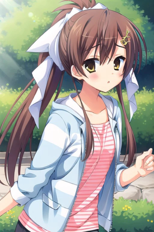 (masterpiece),yamabuki aoi, brown hair, long hair, ponytail, yellow eyes, 1girl, solo, striped, hair ornament, jacket, hairclip, blush, striped shirt,outdoors, ribbon