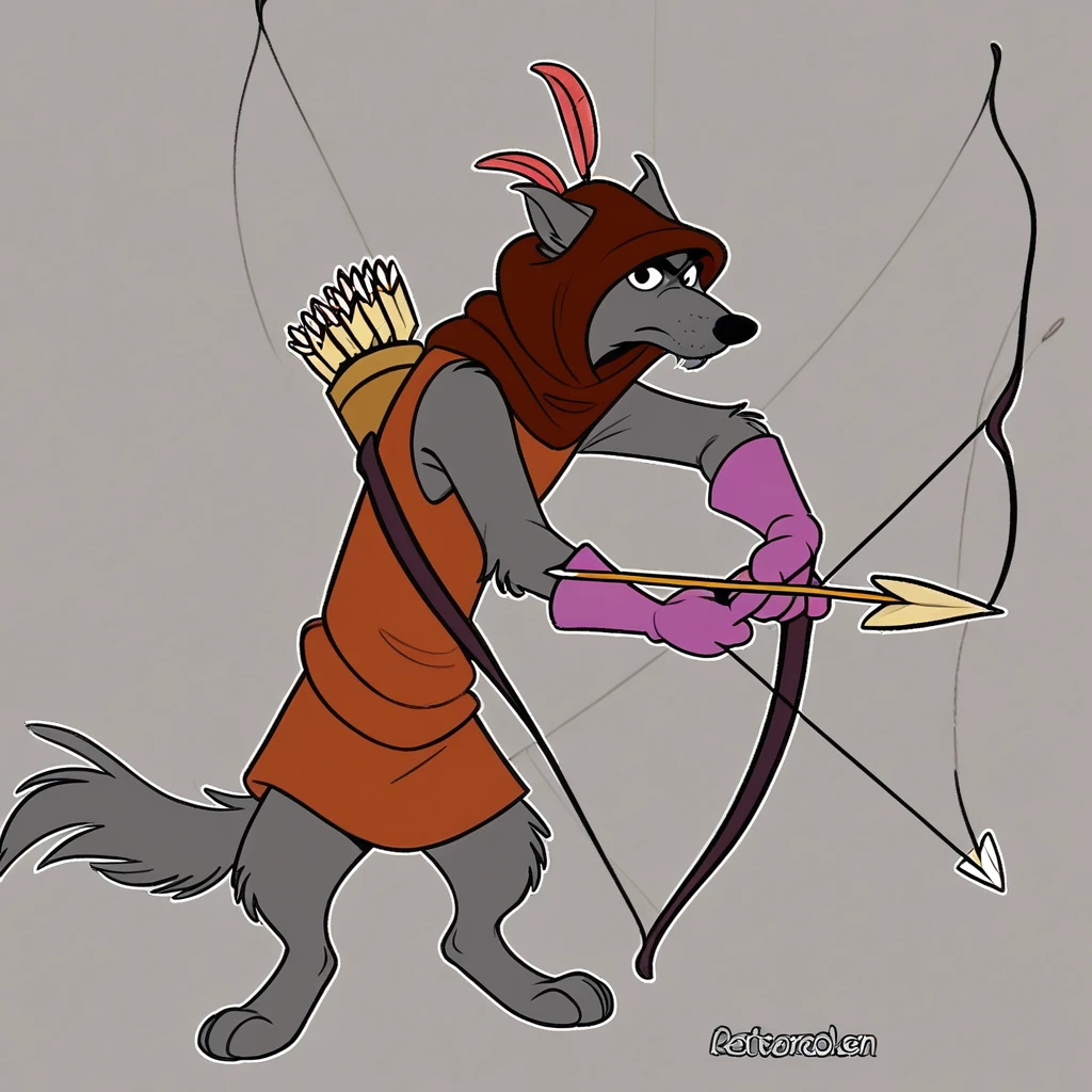 wolf archer, wolf, canine, anthro, furry, grey fur, brown hood, dark orange tunic, magenta gloves, solo, looking at viewer, arrow (projectilee), holding bow (weapon), male, simple background, grey background, masterpiece, best quality, ultra-detailed