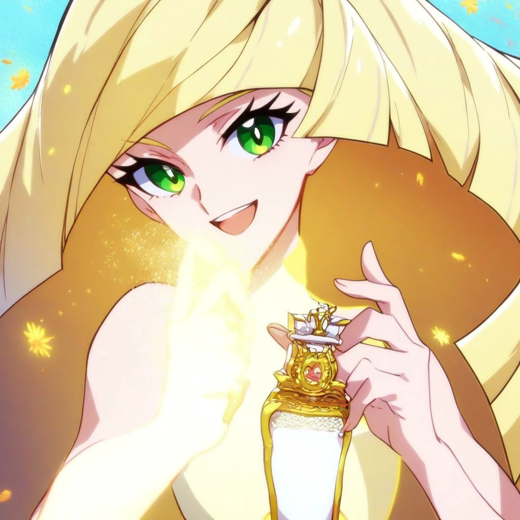 score_9,score_8_up,score_7_up,score_6_up,score_5_up,score_4_up, Goprincessprecure, 1girl, solo, smile, open mouth, lusamine, holding, perfume, long hair, blonde hair, green eyes, glowing body