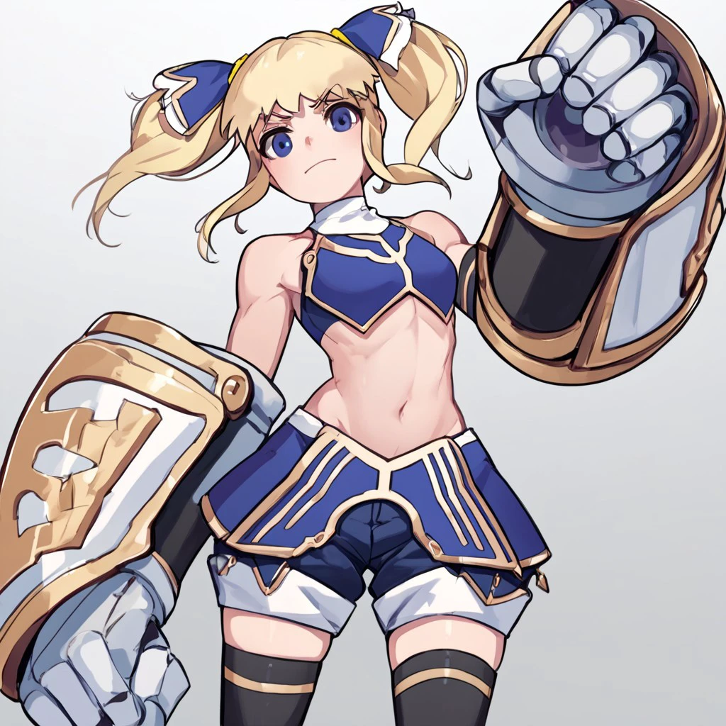 unimika, blonde hair, pigtails, short blue crop top, black thigh highs, shorts, iron boots, large gauntlets, score_9, score_8_up, score_7_up, source_anime