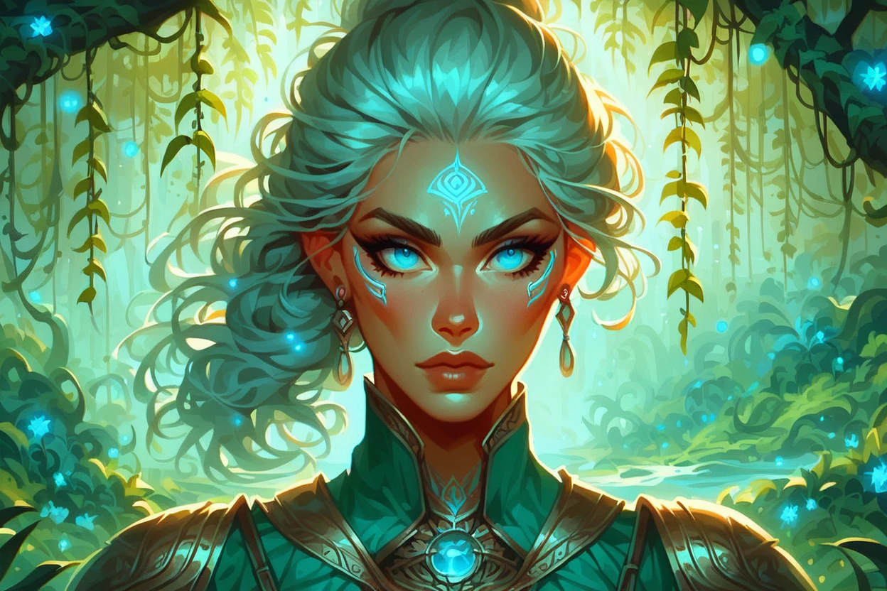 score_9, score_8_up, score_7_up, 1woman, A beautiful witch walking through a dreamscape swampland with flowers and vines and trees, her hair is bright blue and her eyes are emerald green, she has blue outfit with silver trim, portrait