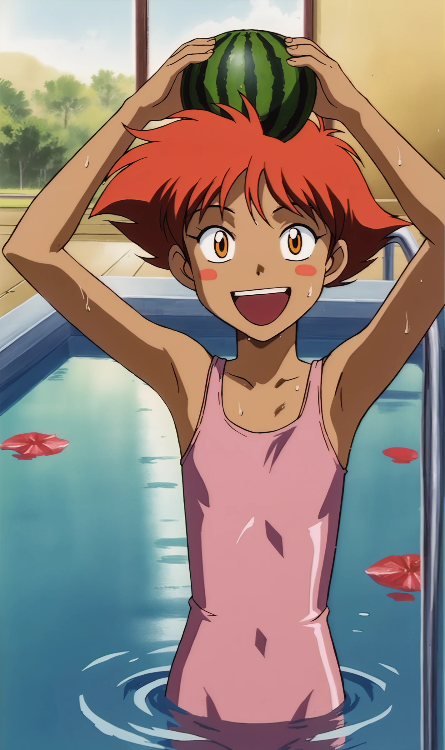 Edward, 1girl, solo, retro artstyle, anime coloring, red hair, blush stickers, orange eyes, flat chest,  inside pool, smile, half way submerged, outside, pink one-piece swimsuit, wet, sweating, leaning back, looking at viewer, holding watermelon, arms up, open mouth, happy, <lora:Edward Pony XL:0.8>