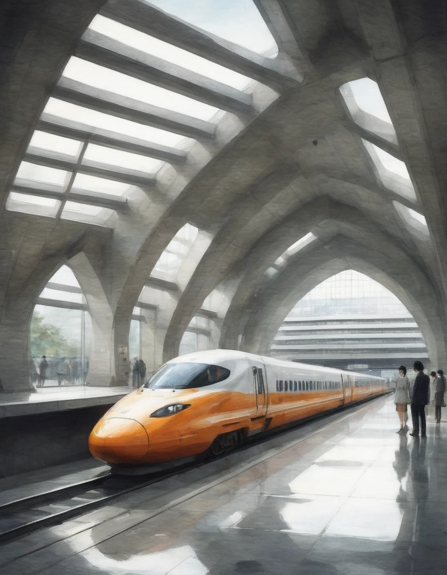 A high-speed train station in Tokyo, with sleek lines and organic shapes inspired by origami