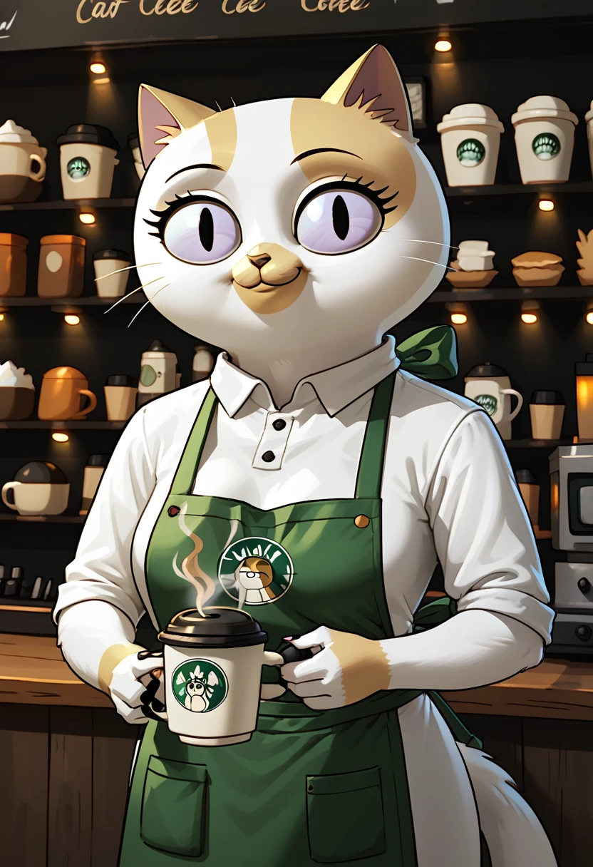 score_9, score_8_up, score_8,  <lora:Jake_the_DogCake_the_Cat_Adventure_Time_for_PonyXL:0.8>  1girl, c4ke, cat girl, black eyes, solo, coffee shop, apron, uniform, smile