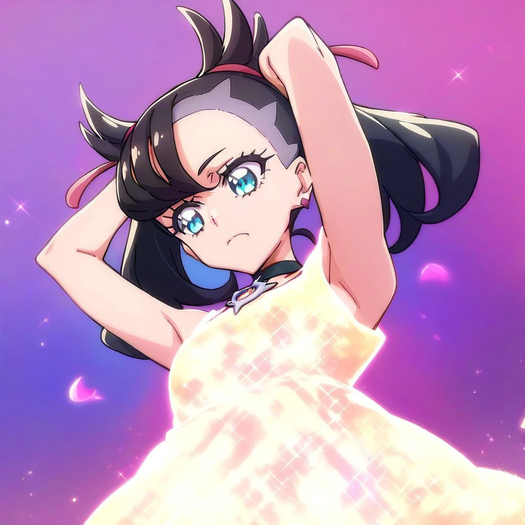 score_9,score_8_up,score_7_up,score_6_up,score_5_up,score_4_up, Dokidokiprecure, 1girl, solo, glowing body, arms up, looking down, marnie, twintails, blue eyes, black hair