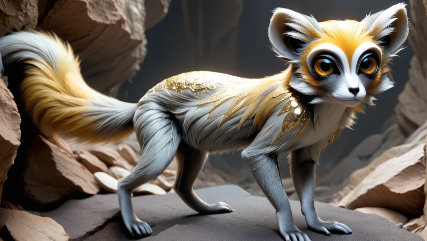 <lora:artfullyMBACKM_SDXL_V1:1>, Mineral-backed Monkeyfox: This hybrid of a fox and monkey dwells in cavernous homes where it consumes minerals. These minerals filter into its fur, creating intricate and beautiful designs that are highly appealing, especially to potential mates.