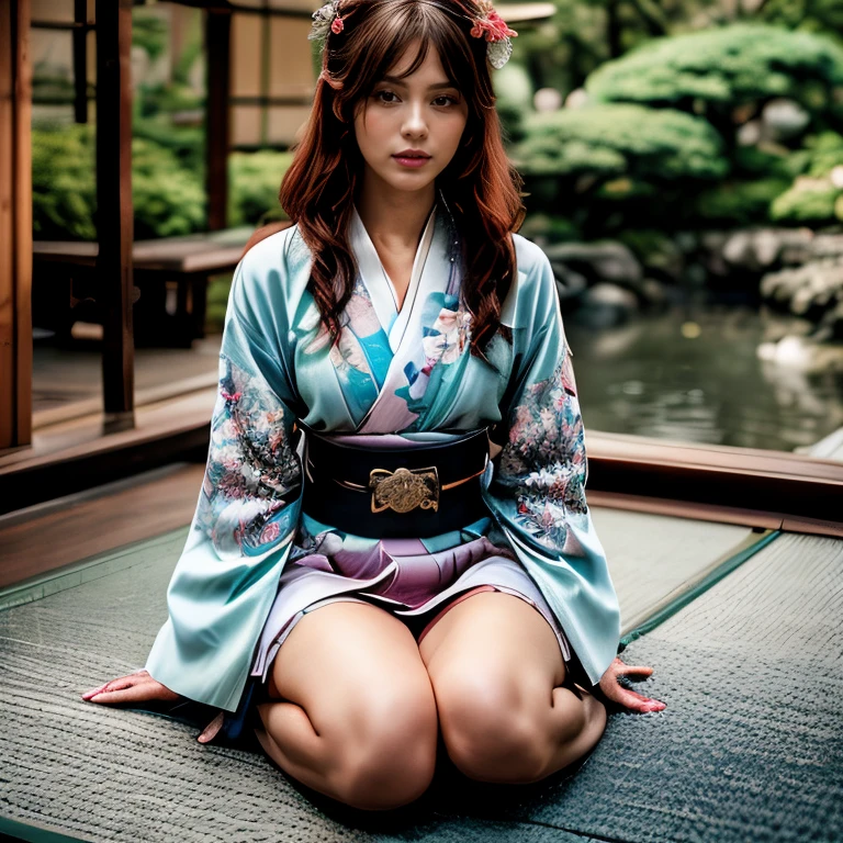 <lora:add_detail:1> , <lora:epiNoiseoffset_v2:0.6>,
(full body:1.3) portrait \( 1girl, Mayli, elegant charming curvy mistress\), (female focus), (japanese traditional interior, lamp, see-through shoj, Fusuma open, sunny, japanese garden, scenery, sfw:1.4), bad-girl, mature female,
looking at viewer, eye_contact, suggestive pose, rich, sexy, seductive, cleavage, small breasts, thick thighs, makeup, jewelry, (necklaces, earrings, bracelets, rings, long hair, hair ornament), (silk kimono with (dark colored background, delicate floral patterns, blossom-Sakura-camellia):1.2), 
prestige, luxury, exquisite, detailed skin texture, detailed clothes, detailed clothes texture, ultra realistic, ultra detailed, highly intricate details, 
correct proportion, perfect anatomy, perfect female body, perfect female figure, gorgeous detail face, perfect face, enchanting face, perfect eyes, beautiful detailed gradient eyes, shiny skin, pale skin, 
official art, professional artwork, famous artwork,masterpiece, flawless, clean, best quality, 8k uhd, photorealistic, extremely detailed unity 8k wallpaper, surreal 8K 32K HDR photo, film grain noise, ultra high res, best shadow, delicate, RAW, light particles, sharp focus, dynamic range, depth of field,
dreamlike sunlight, soft cinematic light, film bloom, indirect lighting, overcast lighting, natural light, rim light, two tone lighting, intricate lighting, vivid,  
majestic (1.6), god-like, mysterious, immersive atmosphere, chiaroscuro, moody lighting, atmospheric perspective, fluid movement, ethereal quality,   
cowboy shot, sitting, magical, fantastic,