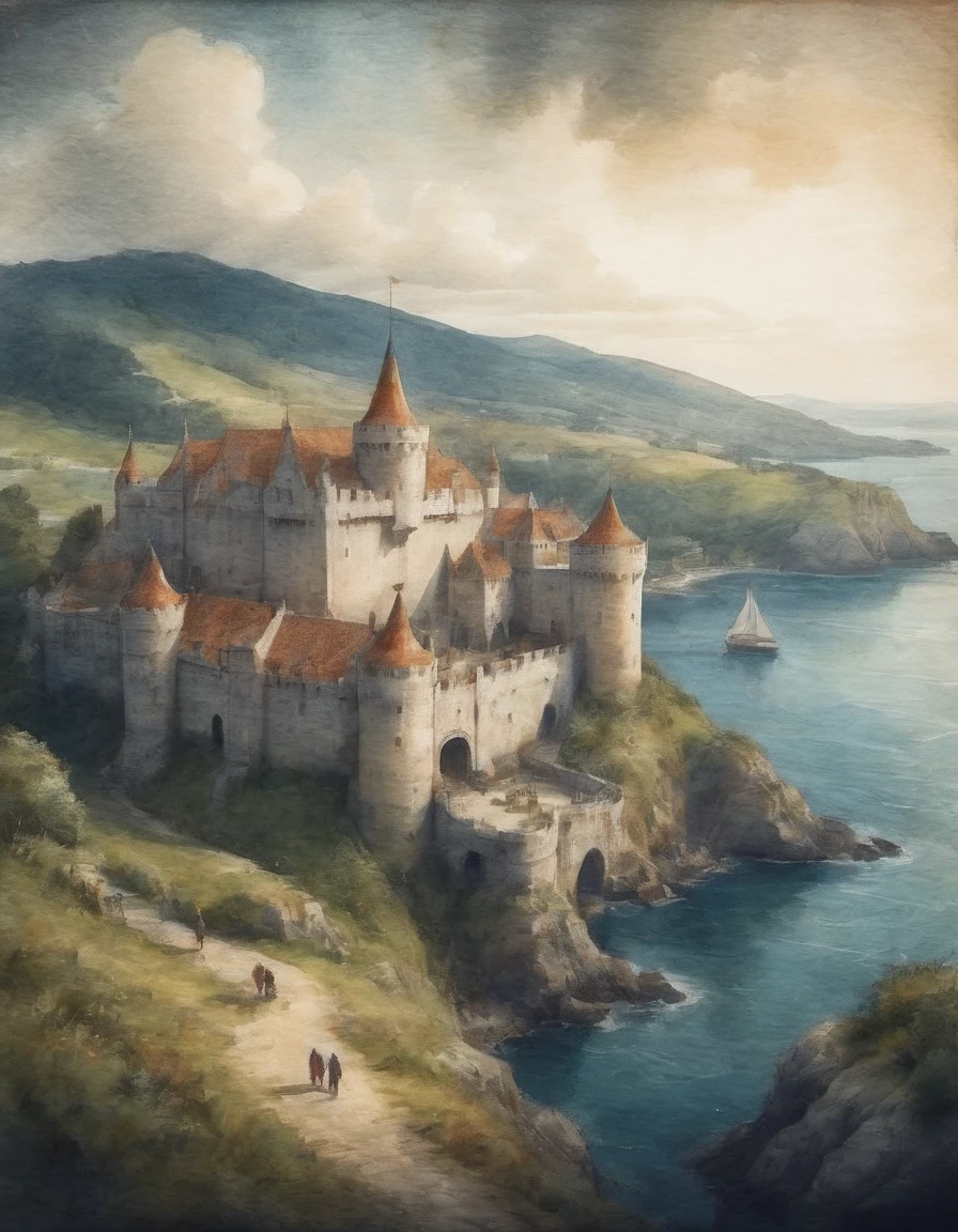 medieval castle on a high hill overlooking the ocean with a sailboat in the harbor
