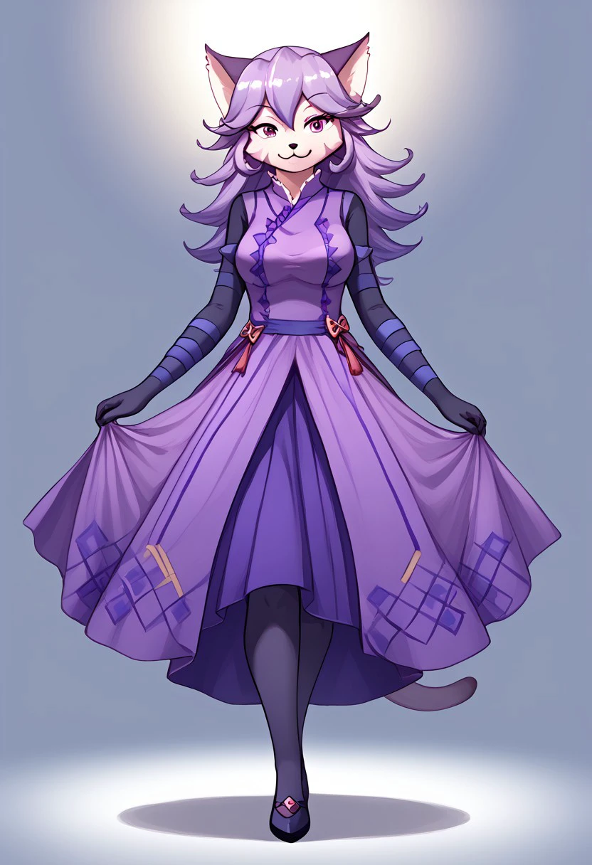 (absurdres), (highest quality), good_hands, opera_kranz_(solatorobo), furry, kemono, anthro, female, feline, felineko, purple fur, 1girl, solo, full body, standing, looking at viewer, smiling, grinning, alternate outfit, dress, purple dress