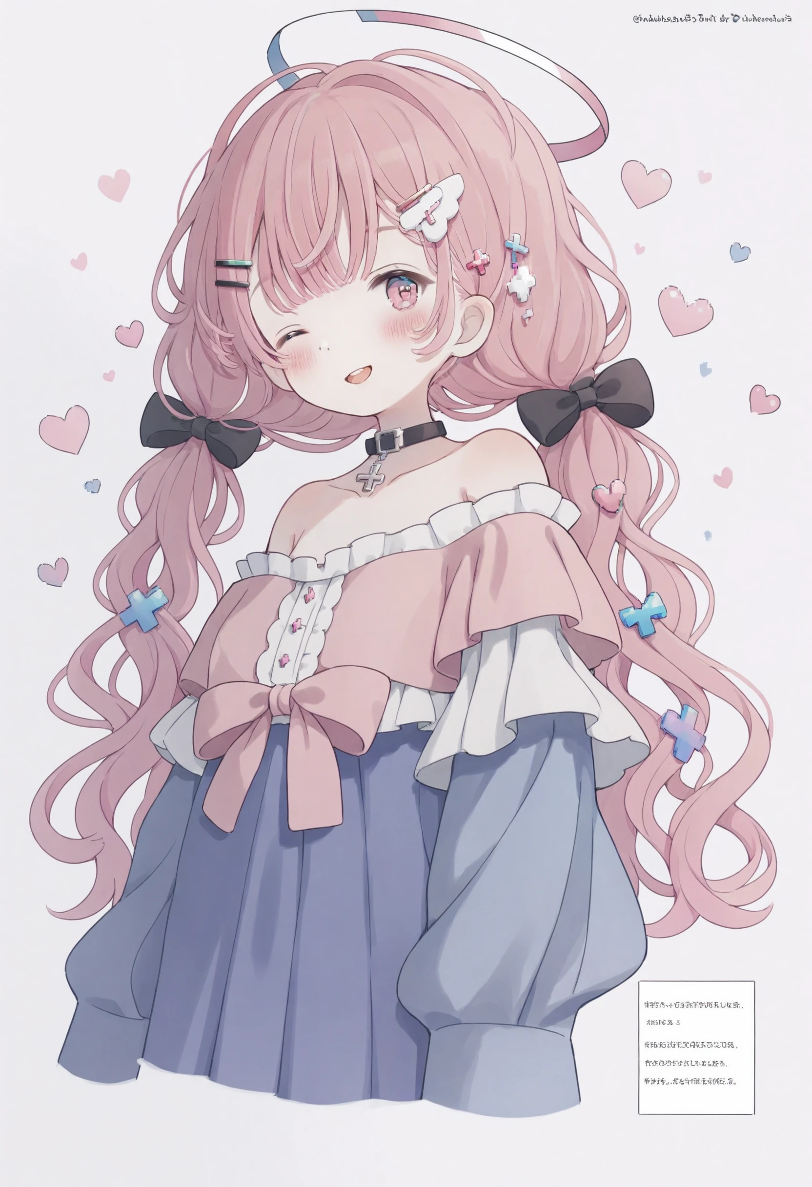 1girl,
solo, window \(computing\), open mouth, looking at viewer, long hair, smile, long sleeves, twintails, blush, heart, pink eyes, glitch, upper body, wing hair ornament, white background, off shoulder, hair ornament, choker, twitter username, pixel heart, cross, halo, pink hair, cropped shoulders, off-shoulder shirt, simple background, hair scrunchie, feathered wings, bow, one eye closed, shirt, hair over one eye, scrunchie, hair bow, alternate costume, cross choker, fake screenshot, low twintails, bare shoulders, wings, cursor, hairclip,
masterpiece, best quality
<lora:sirahoXLlokr4f-000181:0.95>