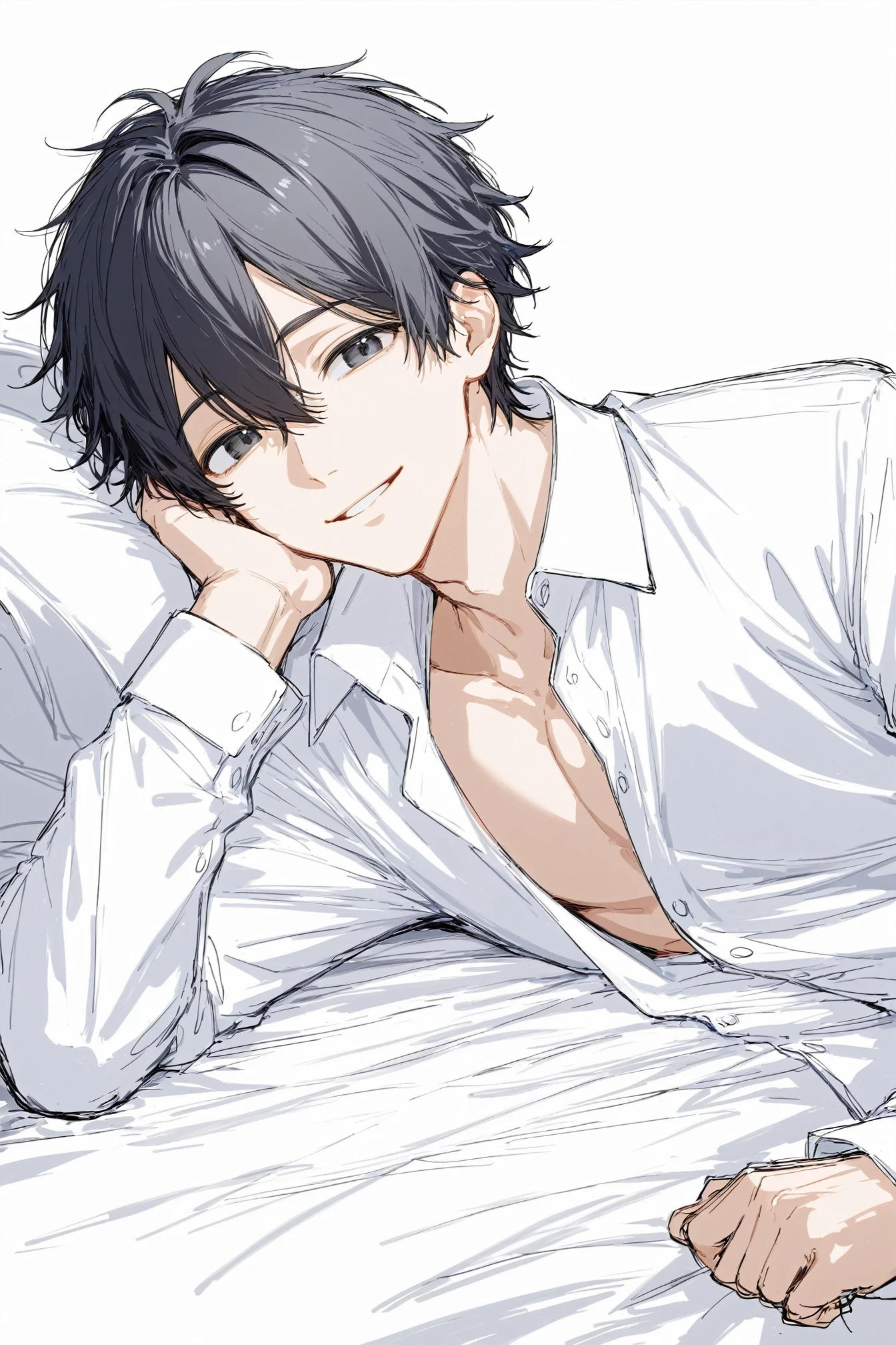 1boy, solo, bed, black hair, collared shirt, dress shirt, hair between eyes, head rest, long sleeves, looking to the side, lying, on side, open clothes, open shirt, parted lips, shirt, simple background, sketch, smile, upper body, white background, white shirt, wing collar