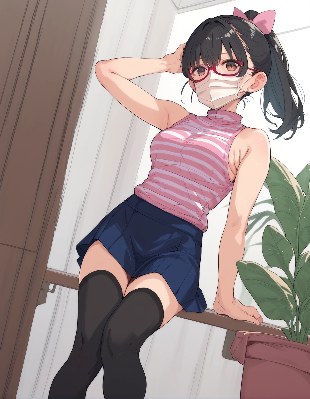 score_9, score_8_up, score_7_up,score_6_up,score_5_up,score_4_up, 1girl, ponytail, pink bow, hair bow, black thighhighs, blue skirt. black hair, red-framed eyewear, striped shirt, sleeveless shirt, pink shirt, medium breasts, mouth mask
<lora:saeki_tatsuya_style_pony6_v1-000036:.9>