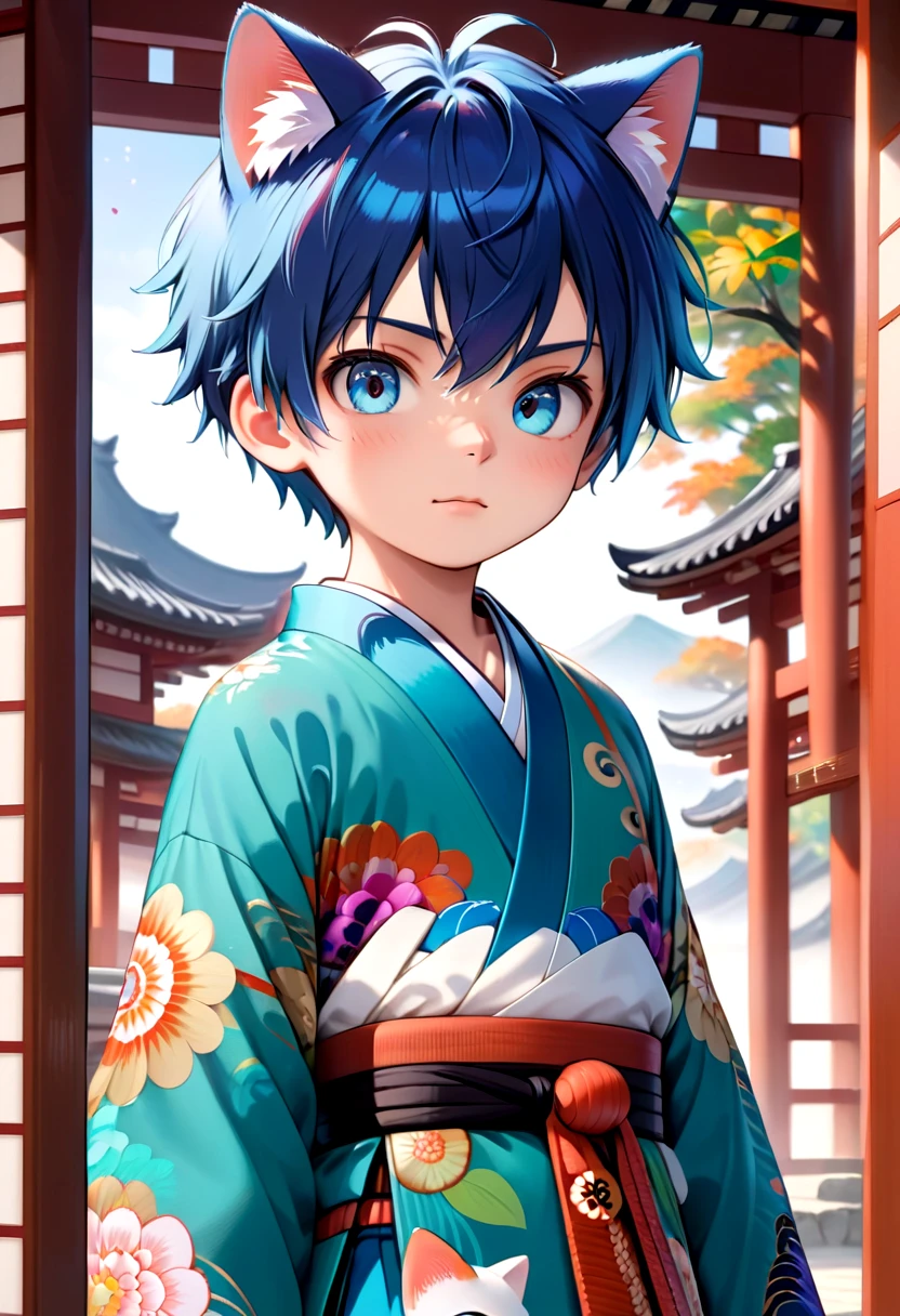 straight on shot, standing,detailed eyes, village,
 <lora:cutifiedanimecharacterdesign_variant_type_G_SDXL_v10:0.7>, 1boy, type-g, cat boy, blue hair, Kimono, long pants, 
(masterpiece:1.2), best quality, high resolution, unity 8k wallpaper, (illustration:0.8), (beautiful detailed eyes:1.6), extremely detailed face, perfect lighting, extremely detailed CG, (perfect anatomy),
 <lora:age_slider_v4:1.2>