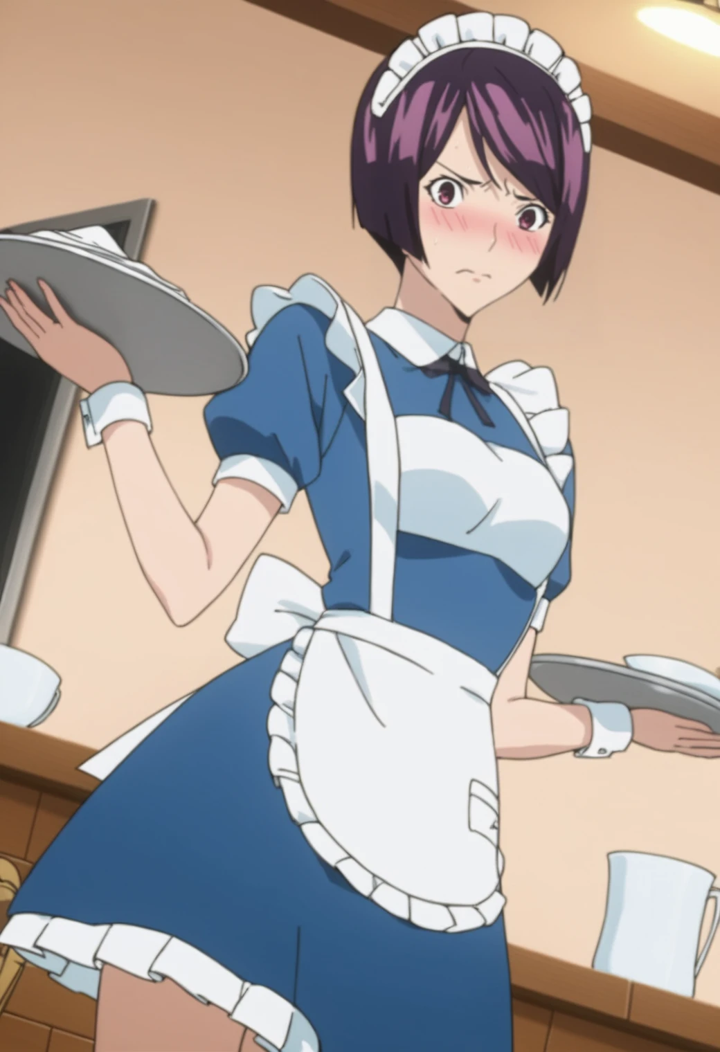 score_9,score_8_up,score_7_up, source_anime,  masterpiece, best quality, 1girl,, looking at viewer, dutch angle, dynamic pose,  <lora:IwaseAiko:0.8> iwase aiko,  dutch angle, apron, waitress, embarrassed, maid