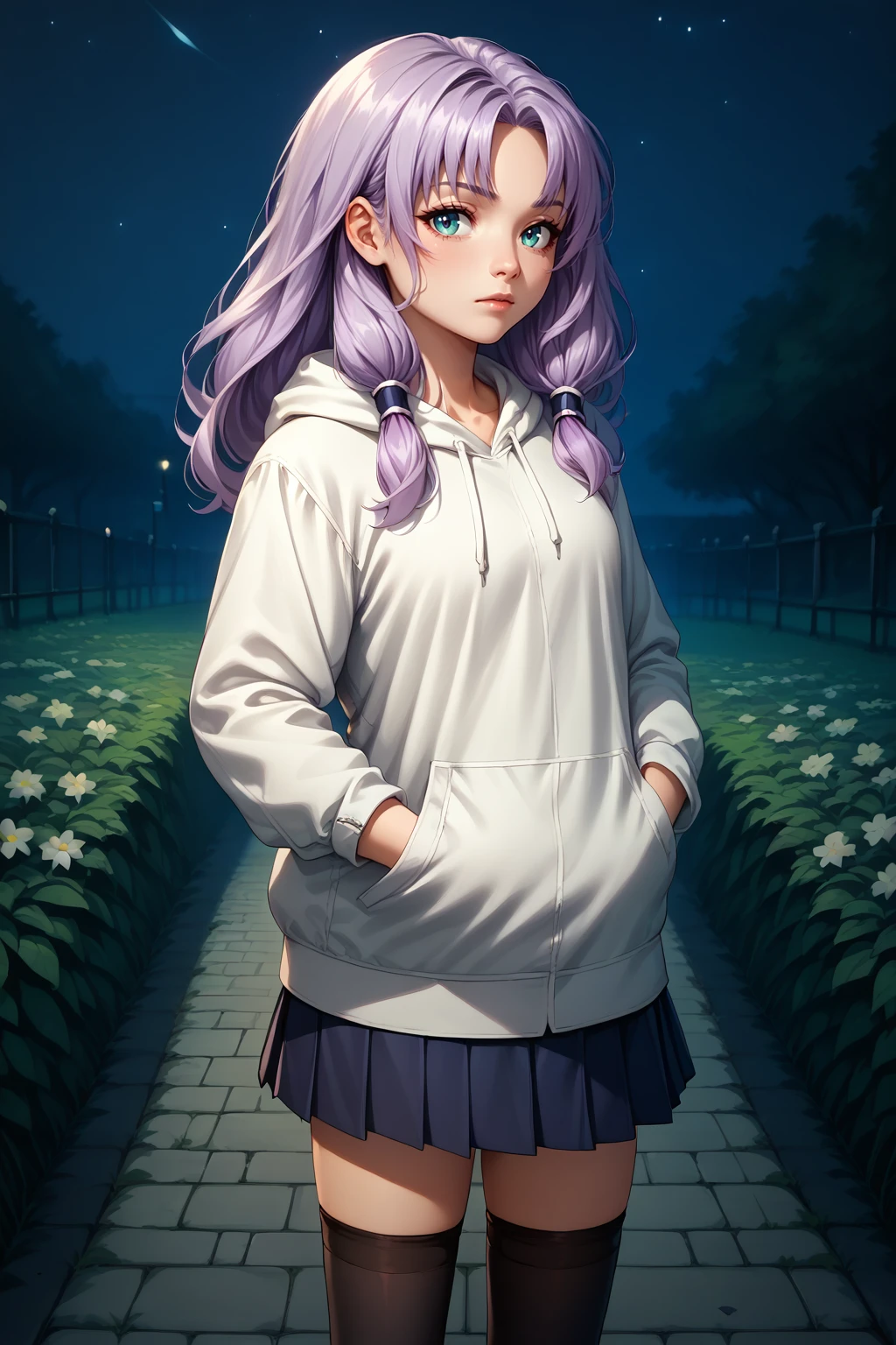 score_9, score_8_up, 1girl, solo <lora:NSFlorinaFE7:1> NSFlorinaMisc, light purple hair, long hair, parted bangs, low-tied sidelocks, white hoodie, skirt, black thighhighs, hands in pockets, outdoors, night