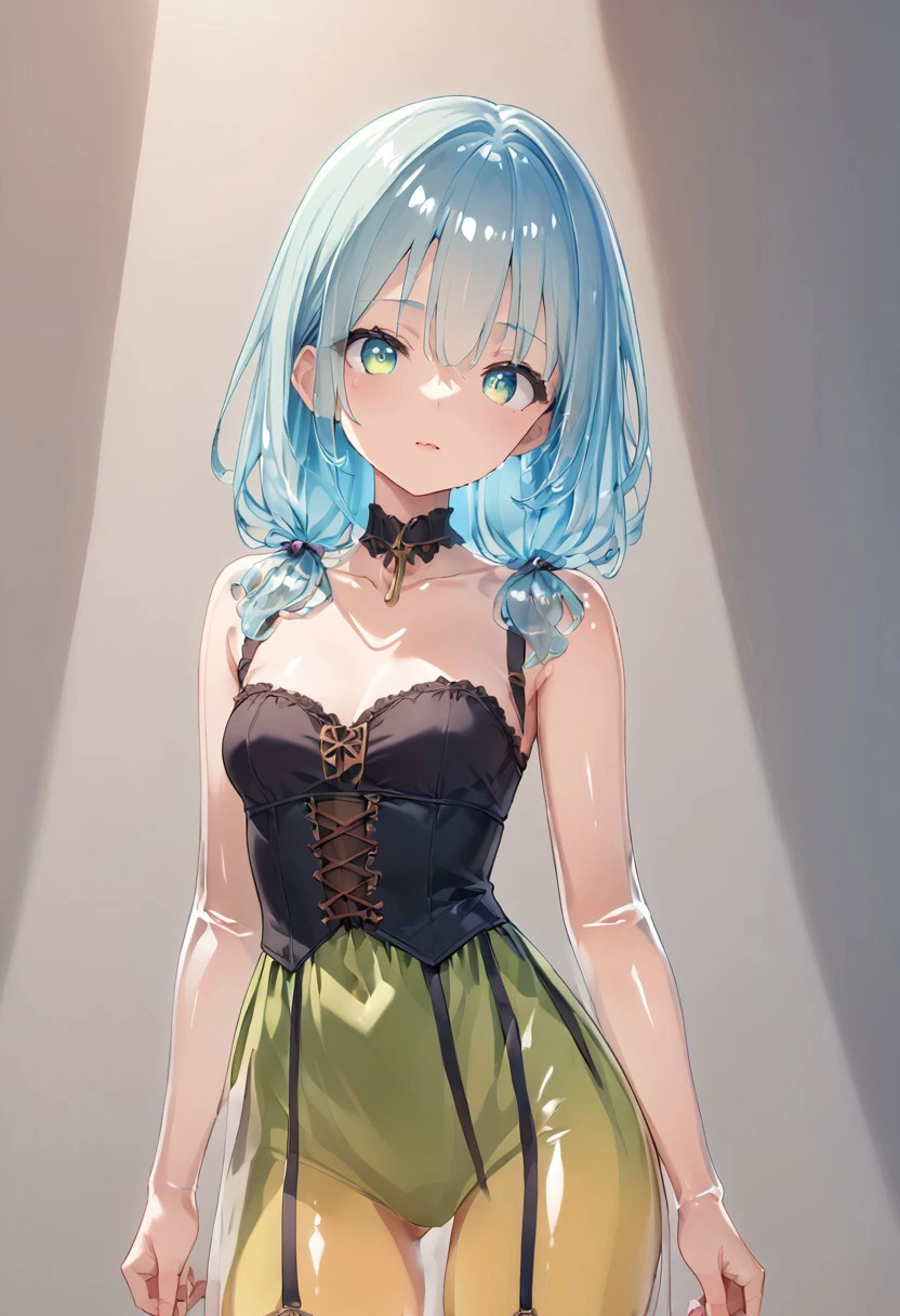 score_9_up, score_8_up, score_7_up, source_anime, Monster Girl Jelly, (transparent body:1.3),  (transparent skin:1.3), (transparent face:1.3),  (transparent hair:1.3),  
Corset, dress