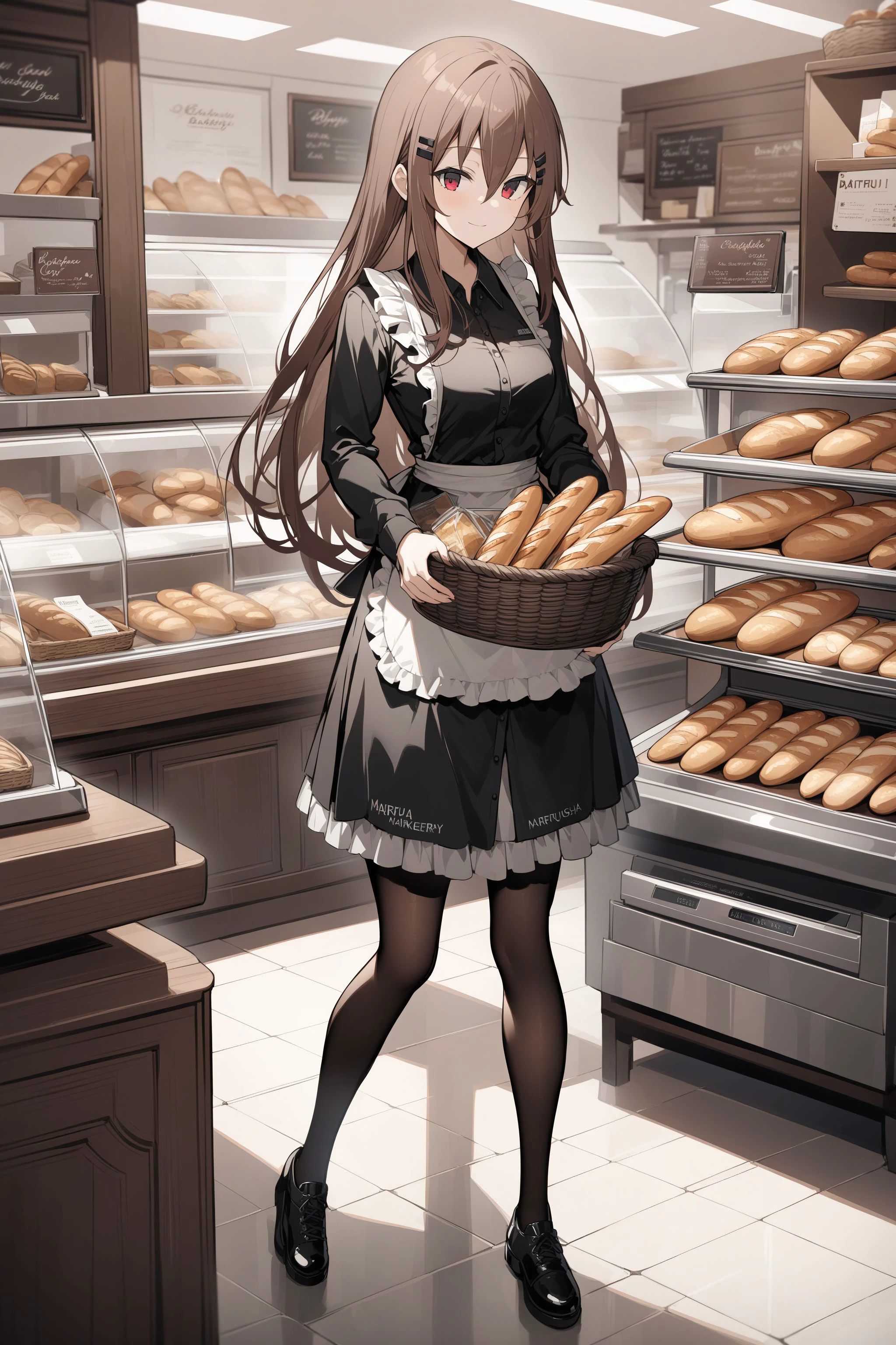 masterpiece, absurdres, high detail, 8k,
bakery, counter, cash register, display,
standing, holding basket, baguette, light smile,
marfusha, hairclip, black dress, collared shirt, long sleeves, frills, apron, black pantyhose, black footwear
<lora:XL_Animagine_game-marfushasg-marfusha-t1:1>