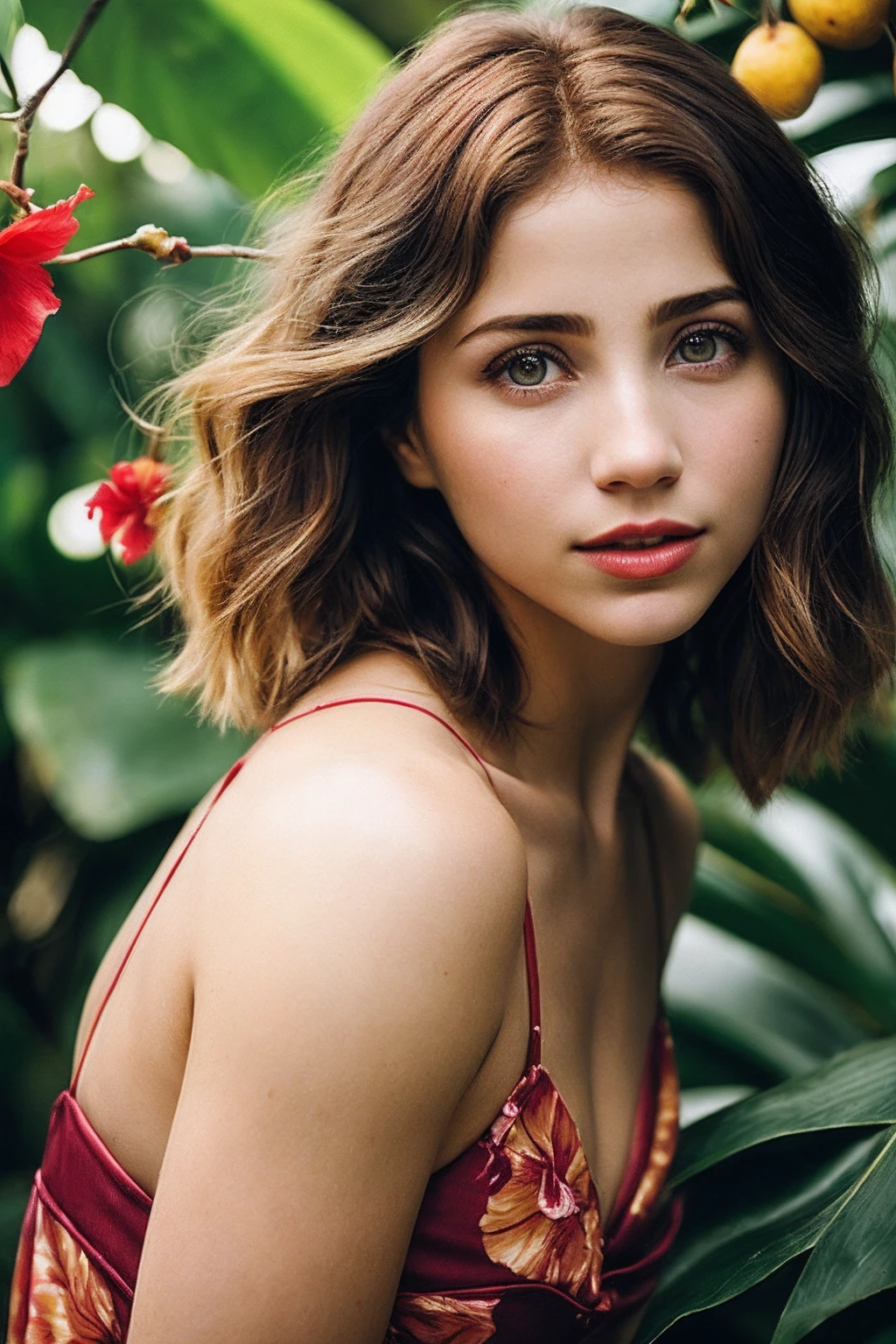 EmilyR_SoloTI_v1,
(In a vibrant tropical dress, with a hibiscus flower in her hair, for a lively and exotic look), ((A bustling tropical fruit market at midday, with an array of colorful fruits and the scent of ripe mangoes in the air, festive atmosphere)), (seductive:1.3),(analog, cinematic, film grain, hazy atmosphere, cinematic shot:1.3), (closeup portrait),