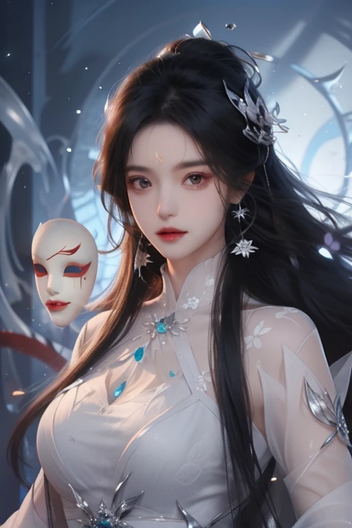 <lora:HrenFanartV2>,
henrendadi, Fanart, 1girl, long hair, jewelry, black hair, hair ornament, forehead mark, dress, solo, mask, facial mark, white dress, upper body, earrings, necklace, sash, chinese clothes, expressionless