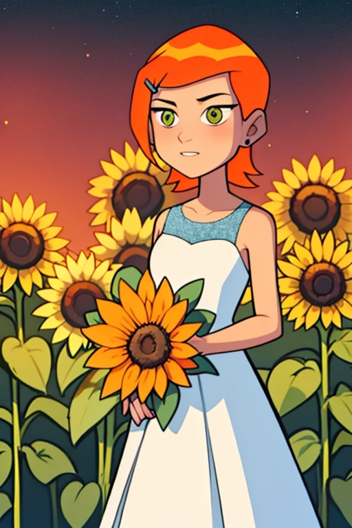 <lora:osgwen-09:1> gwen, wedding dress, blue wedding dress, flower on head, flower hair pin, space background, sunflower field, flant land filled with sunflowers, detailed shading, detailed ambient light, detailed background, masterpiece,