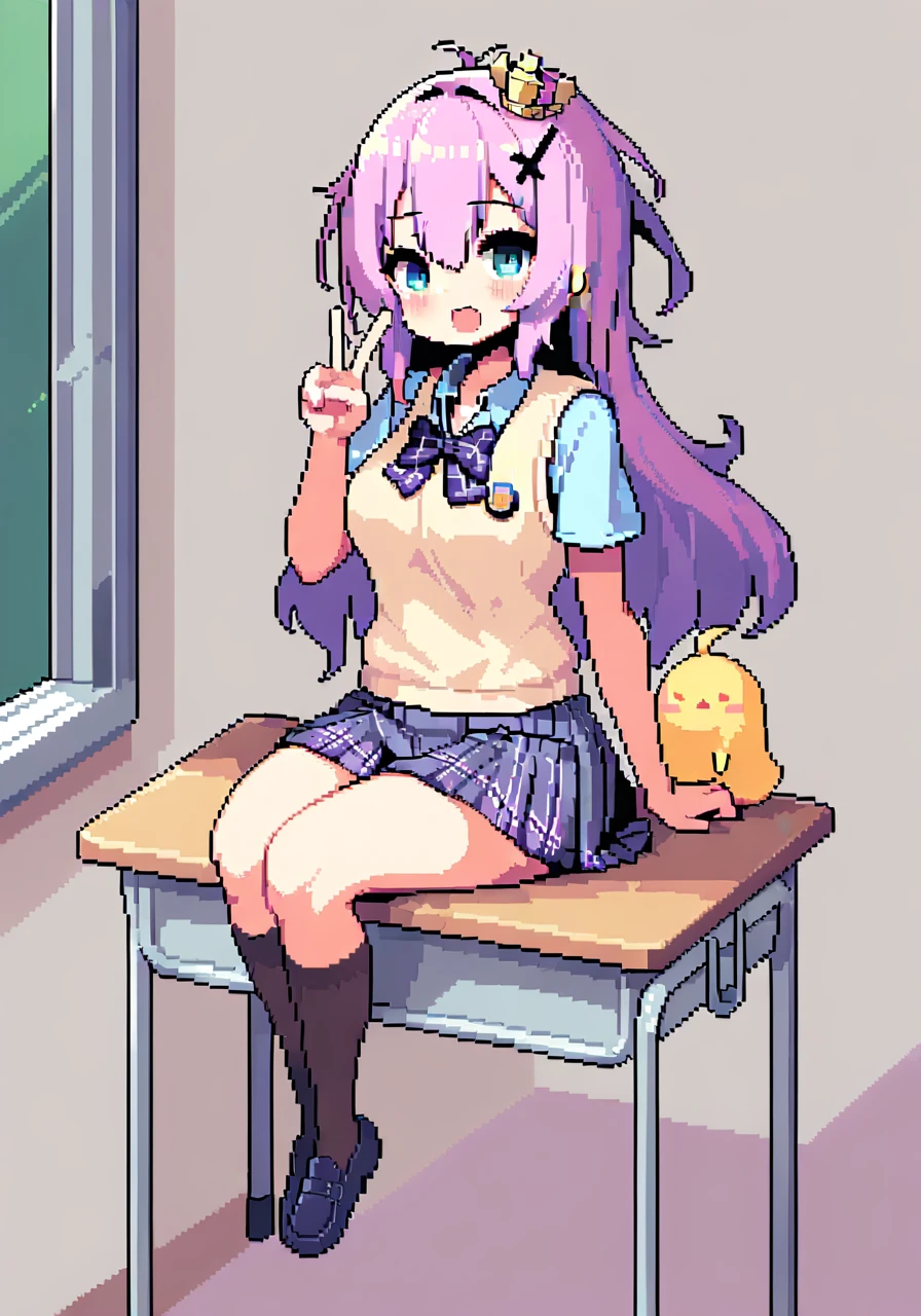 <lora:javelin_XL_v1.0:0.8>, javelin_\(azur_lane\),long hair, mini_crown, cross_hair_ornament, sweater_vest, bowtie, short_sleeves, collared_shirt, school_uniform, skirt,;d, pixel art, deformed,full body,manjuu \(azur lane\),v,sitting on school desk, classroom,, masterpiece, best quality, very aesthetic, absurdres,