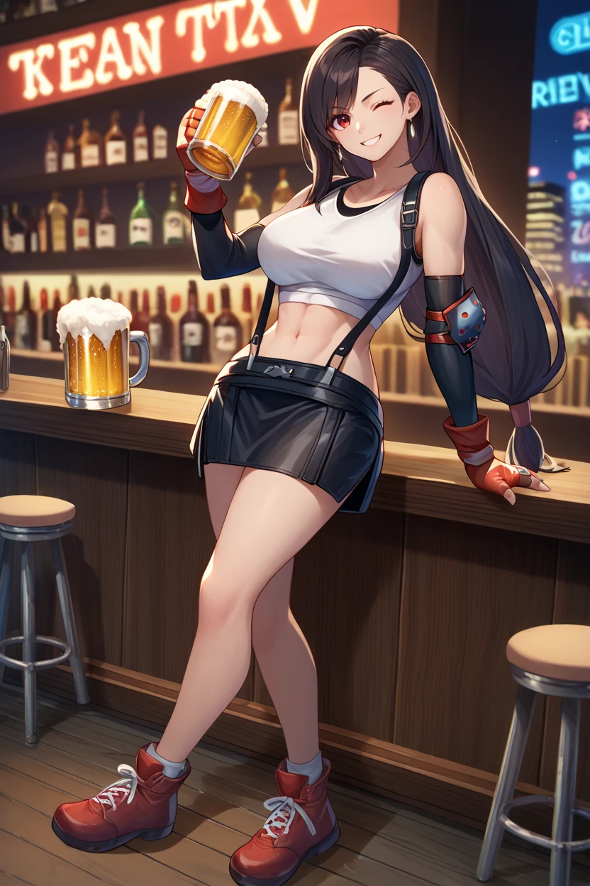 score_9, score_8_up, score_7_up, score_6_up, source_anime, 1girl, solo, <lora:tifa-pdxl-nvwls-v1-000005:1> defTif, red eyes, black hair, low-tied long hair, earrings, white sports bra, black suspenders, black miniskirt, arm warmers, black elbow gloves, elbow pads, red gloves, red footwear, large breasts, bar, city, night, standing, holding beer, looking at you, smile, wink