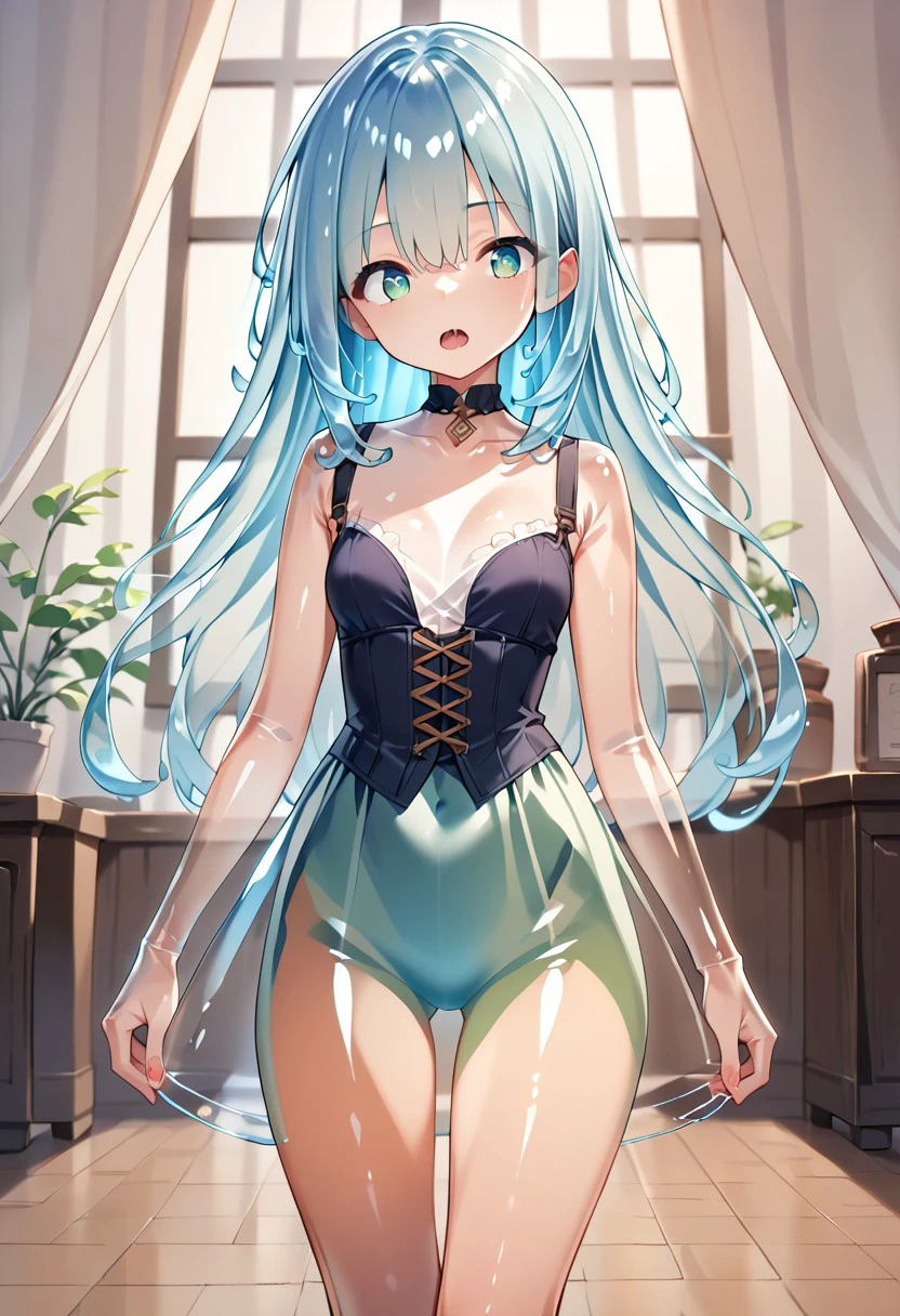 score_9_up, score_8_up, score_7_up, source_anime, Monster Girl Jelly, (transparent body:1.3),  (transparent skin:1.3), (transparent face:1.3),  (transparent hair:1.3),  
Corset, dress