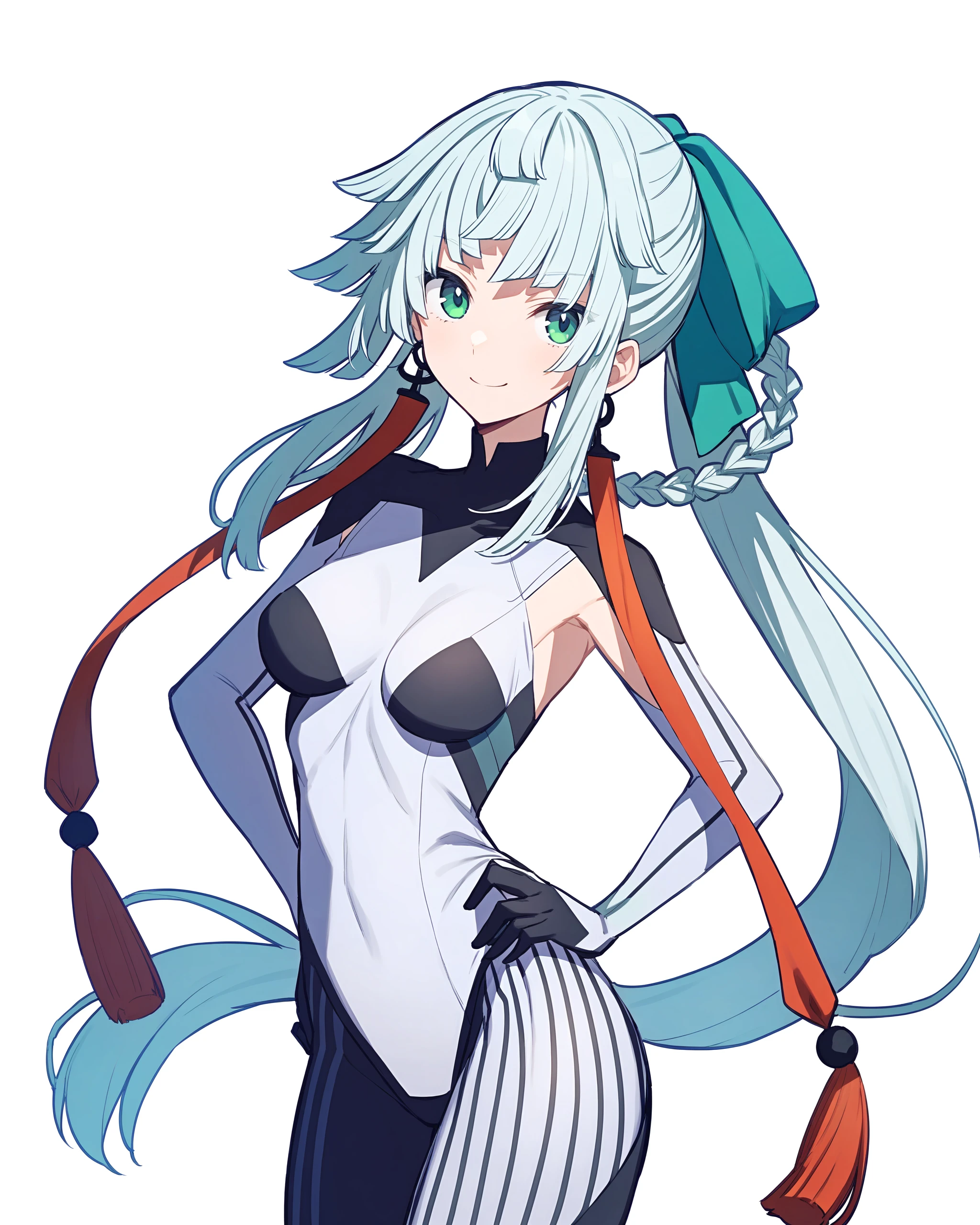 <lora:yui:1> Yui Shousetsu(first_ascension), white hair, green eyes, tassel earrings, bodysuit, pony tail, braided hair rings, two-tone bodysuit, looking at viewer, smile, peace sign, hand on hips, white background, simple background, cowboy shot,