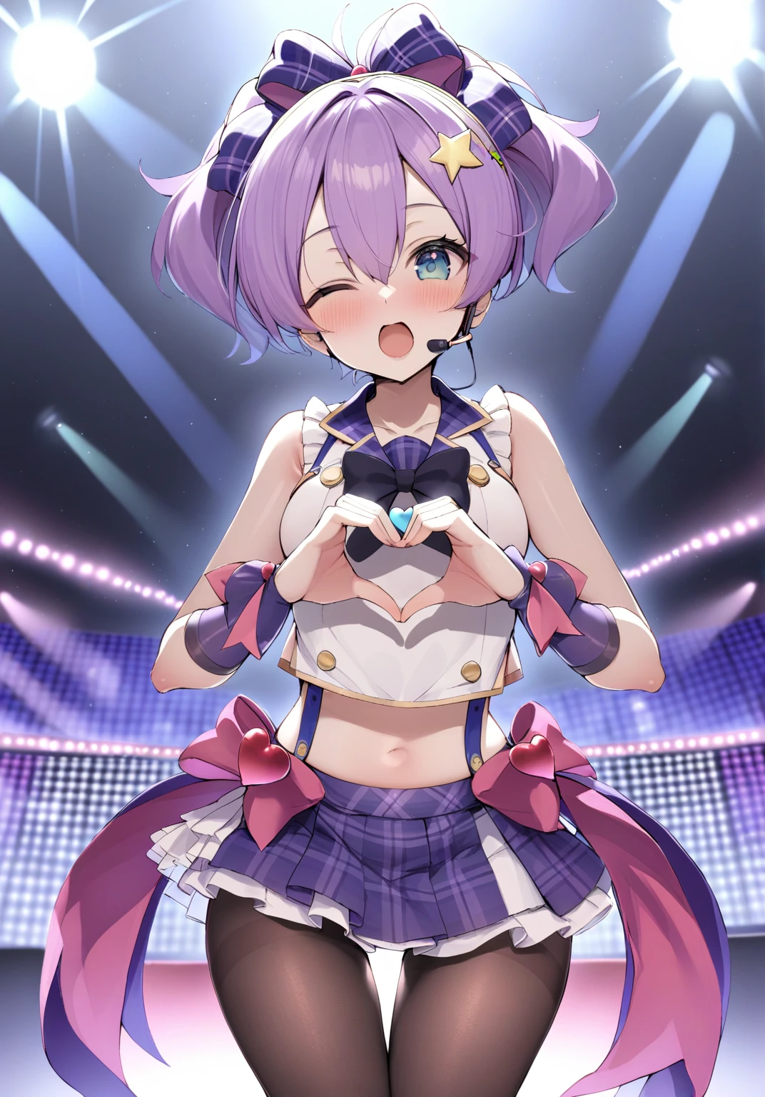 <lora:javelin_XL_v1.0:0.8> ,javelin_\(azur_lane\), midriff, thighband_pantyhose, hair_bow, plaid_skirt, thigh_gap, headset, sleeveless_shirt, idol, suspender_skirt, plaid_bow , frills, star_hair_ornament, arm_warmers,;d, stage, by izumi tsubasu,one eye closed,stage light, singing, open mouth,heart hands,, masterpiece, best quality, very aesthetic, absurdres,