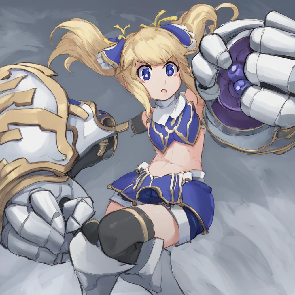 unimika, blonde hair, pigtails, short blue crop top, black thigh highs, shorts, iron boots, large gauntlets