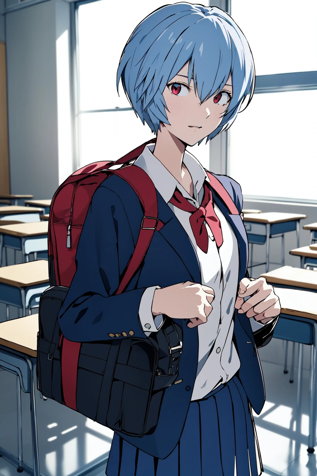 (RAW photo, best quality), 1girl,  natural lighting, 
 <lora:ayanami_rei_v1_2:1> ppayanamirei,
school uniform, blazer, classroom, school bag,