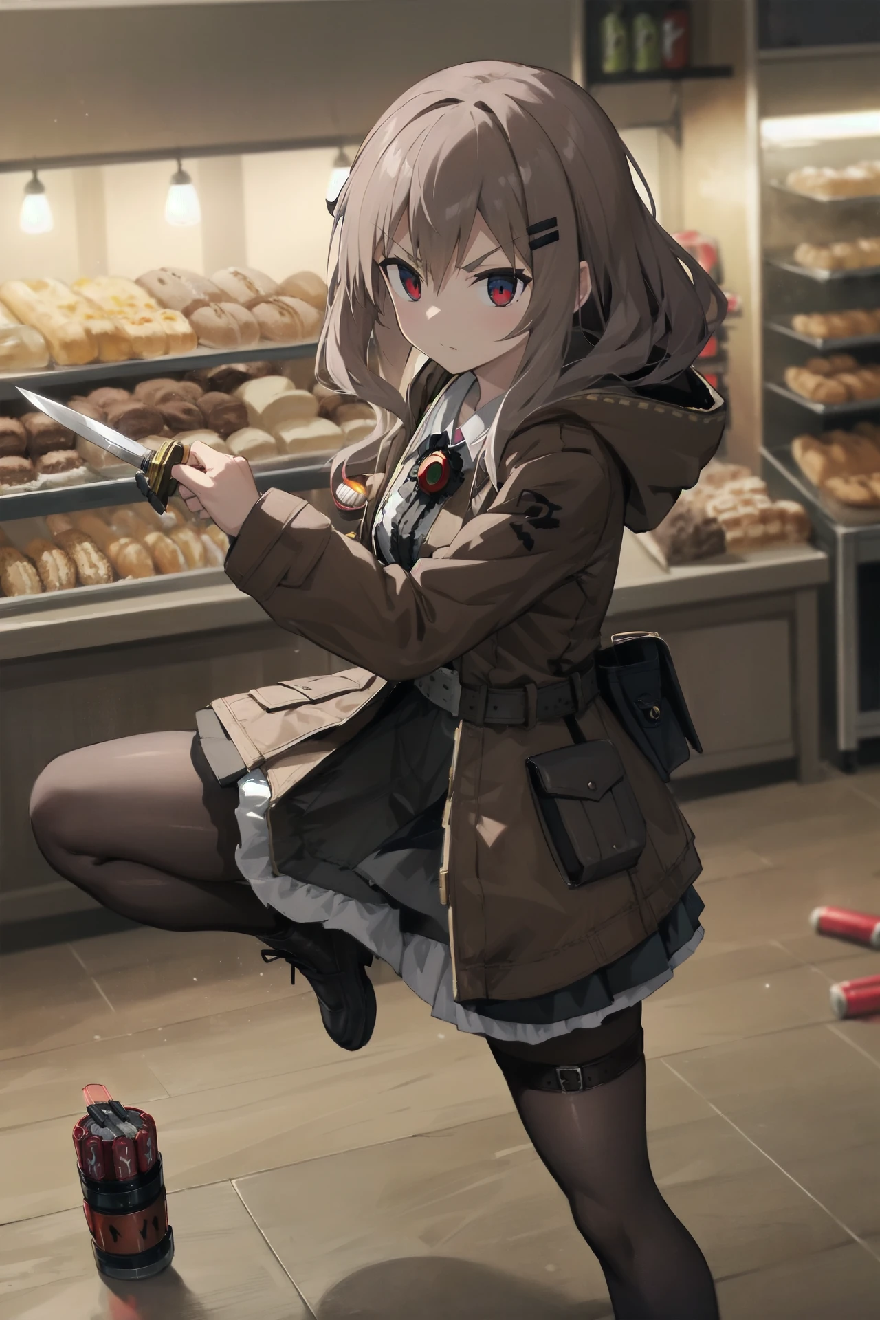 absurdres, high detail, 4k,
indoors, bakery, baguette, 
fighting stance, holding knife,serious, v-shaped eyebrows,
marfusha, hairclip, brown coat, hooded coat, long sleeves, brooch, shotgun shell, black dress, belt, frilles, brown pantyhose, black footwear
<lora:game-marfushasg-marfusha-t1-000100:0.8>