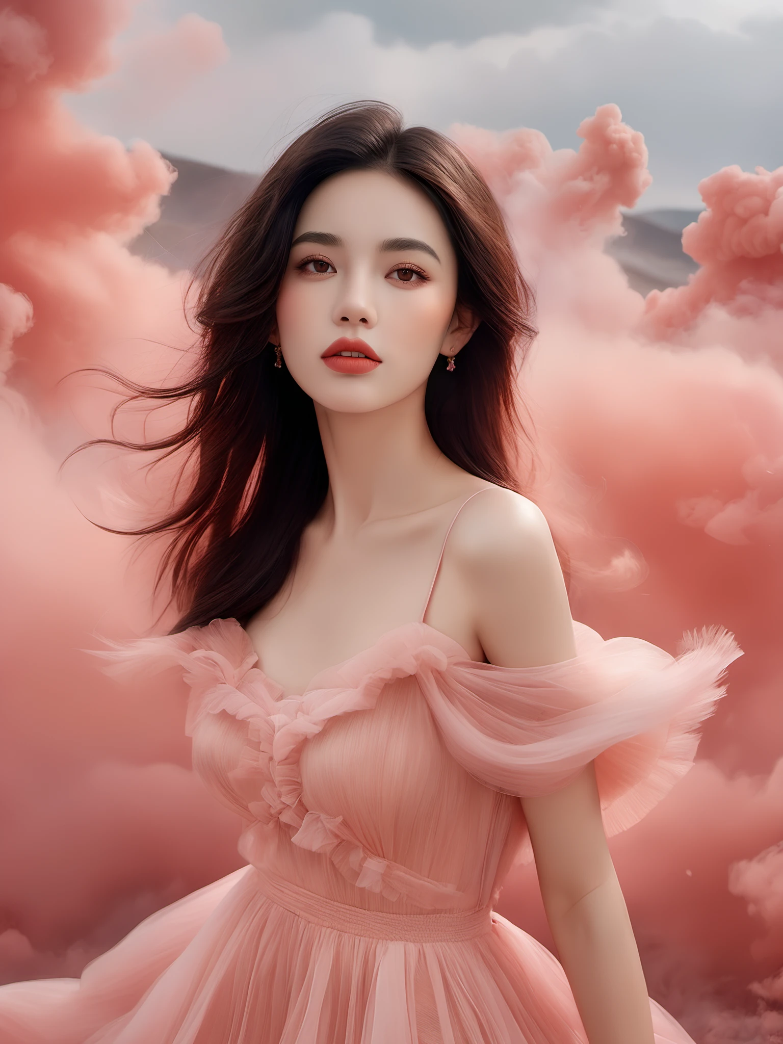 photorealistic,realistic,photography,masterpiece,best quality,ultra-detailed,extremely detailed CG unity 8k wallpaper,a beautiful girl, close mouth, red lips, beautifull face, full body, wearing dress, any pink smoke,cloud,pink dress, over view, <lora:JAY PINK CLOUD DRESS XL:0.8>, (best quality:1.3)