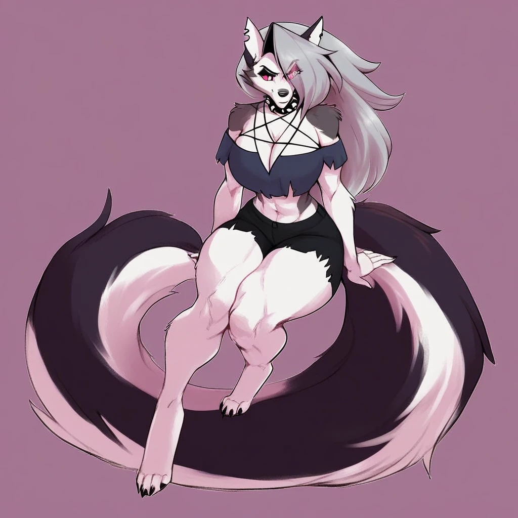 Furry girl, white long hair, gigantic muscular body, fox ears, 9 fluffy tails, fox paws, 4 arms, full body.