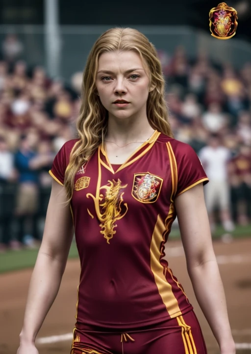 cinematic photo sports trikot,  <lora:Gryffindor2:0.9> gryffindor_pattern, sports outfit with gryffindor paint, gryffindor pattern, hockey, soccer, baseball, rugby, sexy,  woman,  <lora:natalie dormer:1> sks woman, natalie dormer . 35mm photograph, film, bokeh, professional, 4k, highly detailed