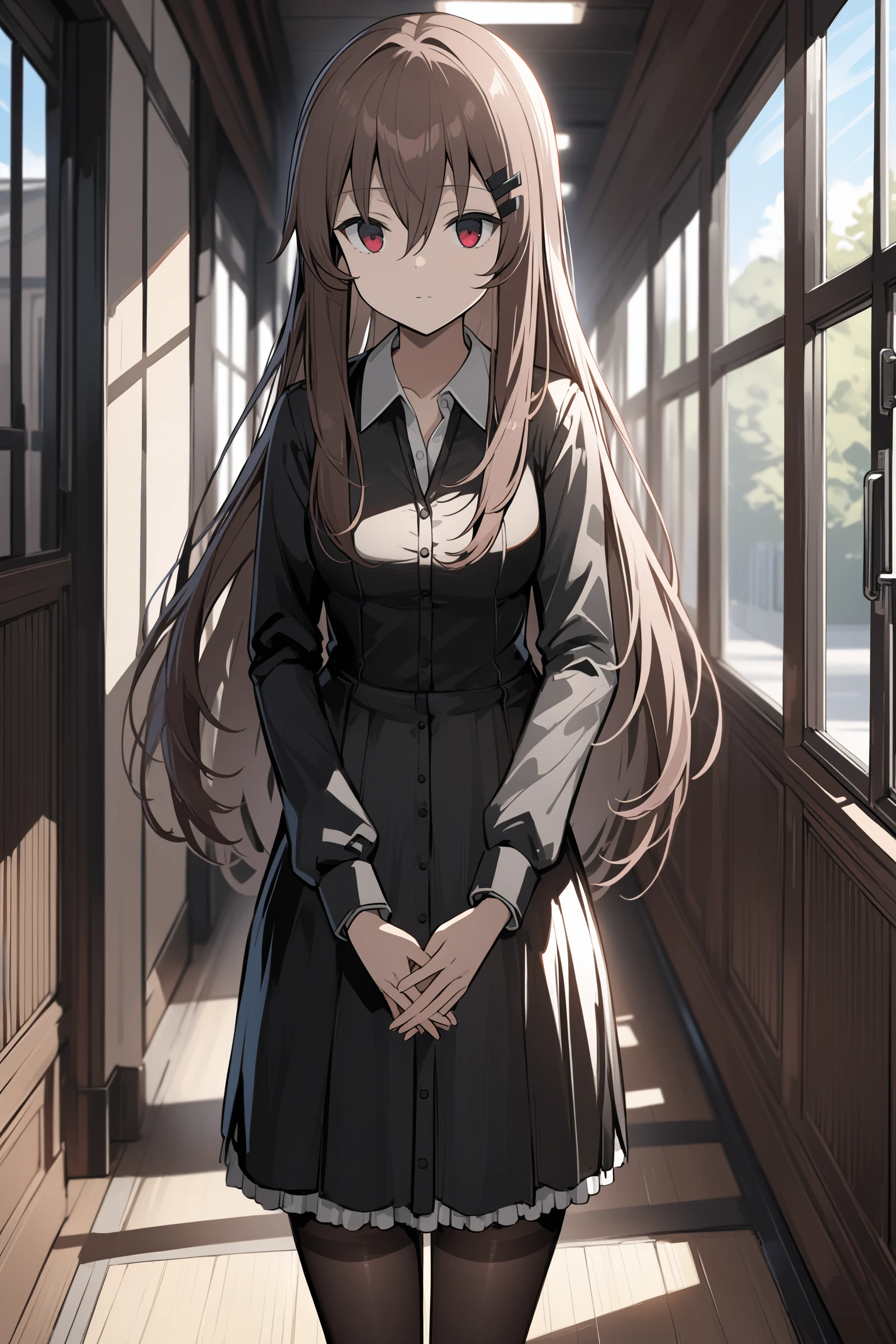masterpiece, absurdres, high detail, 8k,
school, hallway, window, sunbeam,
standing, expressionless, own hands together,
marfusha, hairclip, hairclip, black dress, collared shirt, long sleeves, frills, black pantyhose, black footwear
<lora:XL_Animagine_game-marfushasg-marfusha-t1:1.0>